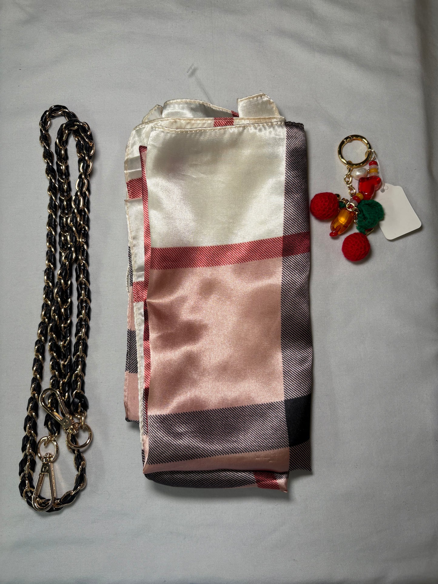 Designer-Style Purse Charm Bundle – Satin Scarf, Gold Chain Strap & Cherry Bag Charm