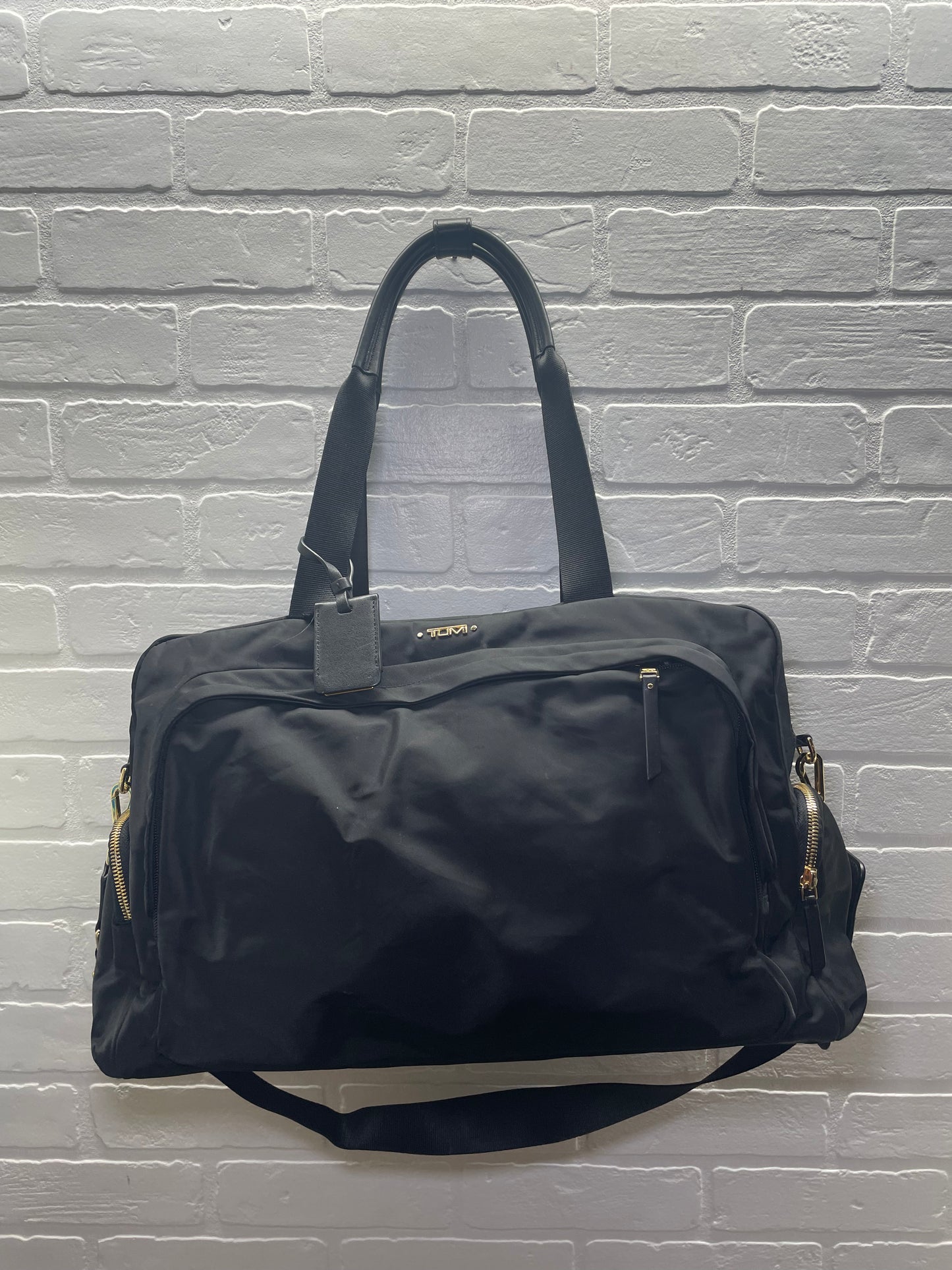 TUMI Black Nylon Weekender Duffel Bag with Gold Hardware
