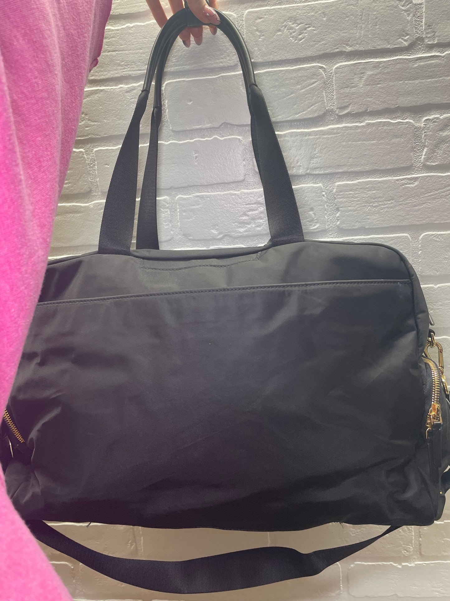 TUMI Black Nylon Weekender Duffel Bag with Gold Hardware