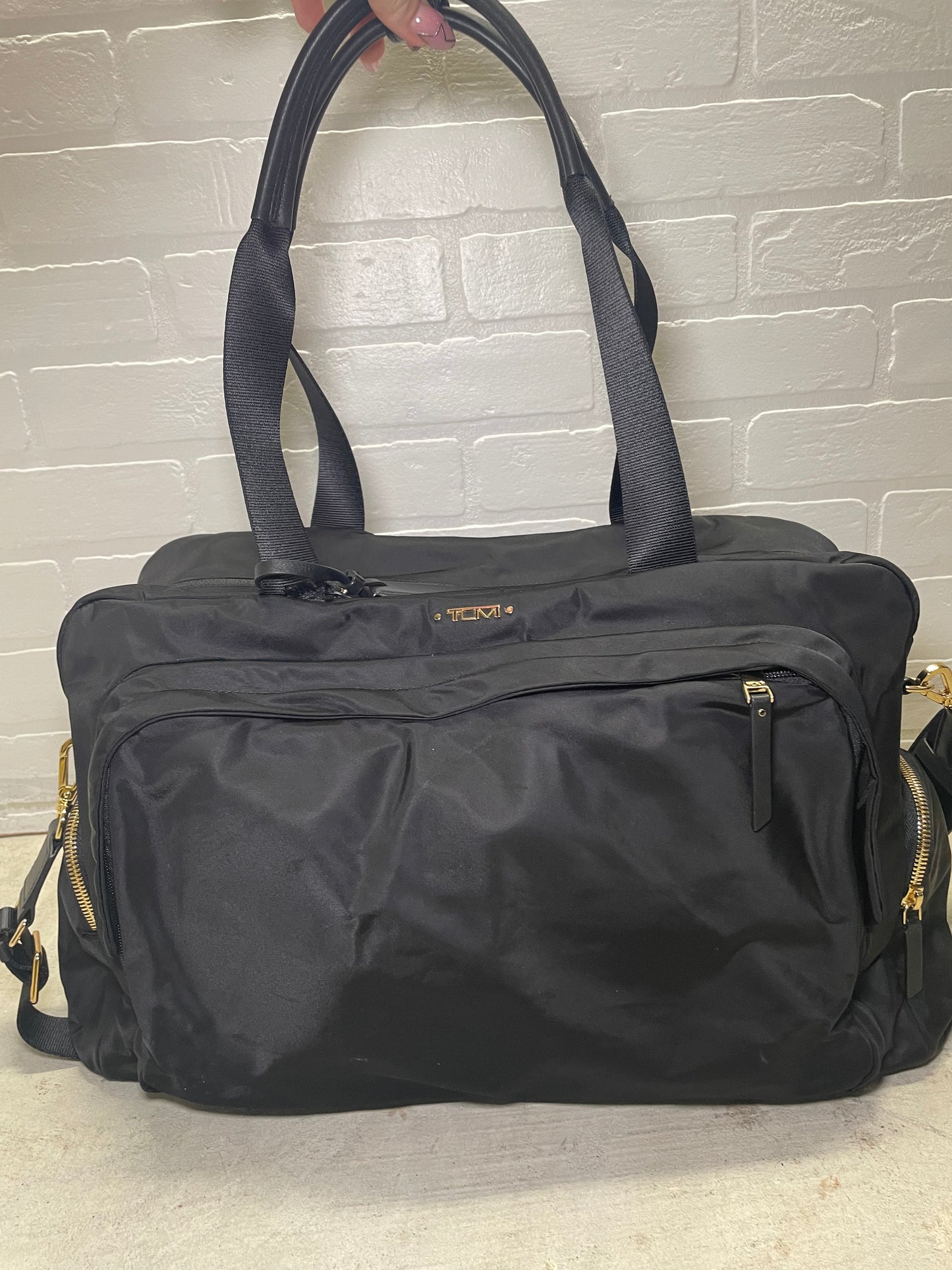 TUMI Black Nylon Weekender Duffel Bag with Gold Hardware