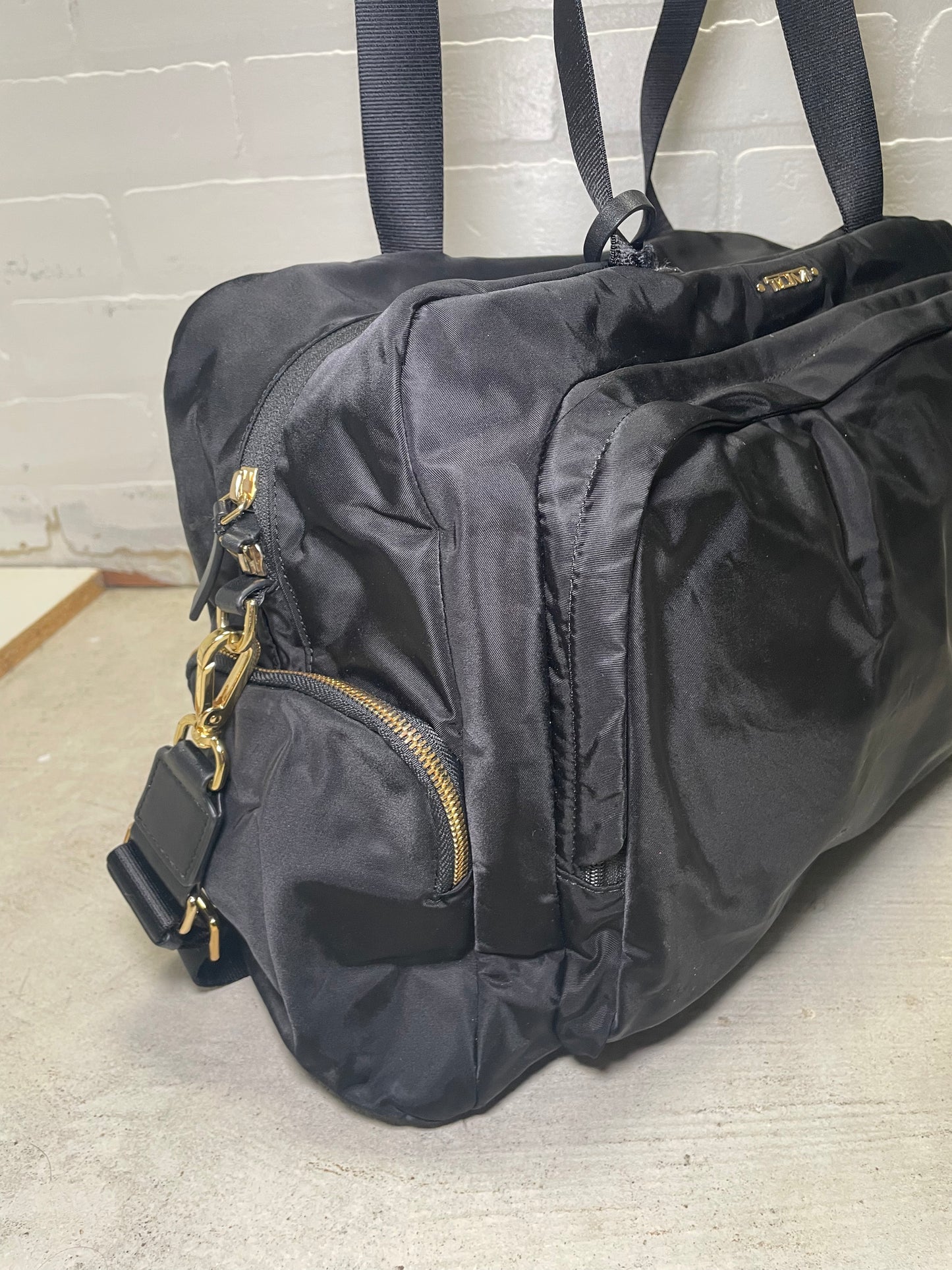 TUMI Black Nylon Weekender Duffel Bag with Gold Hardware