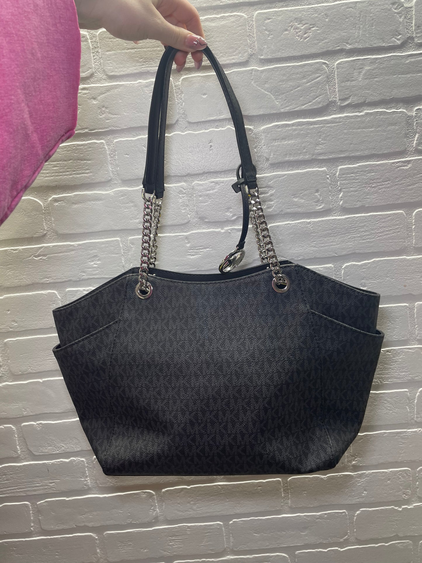 Michael Kors Black Signature Logo Chain Strap Tote Bag