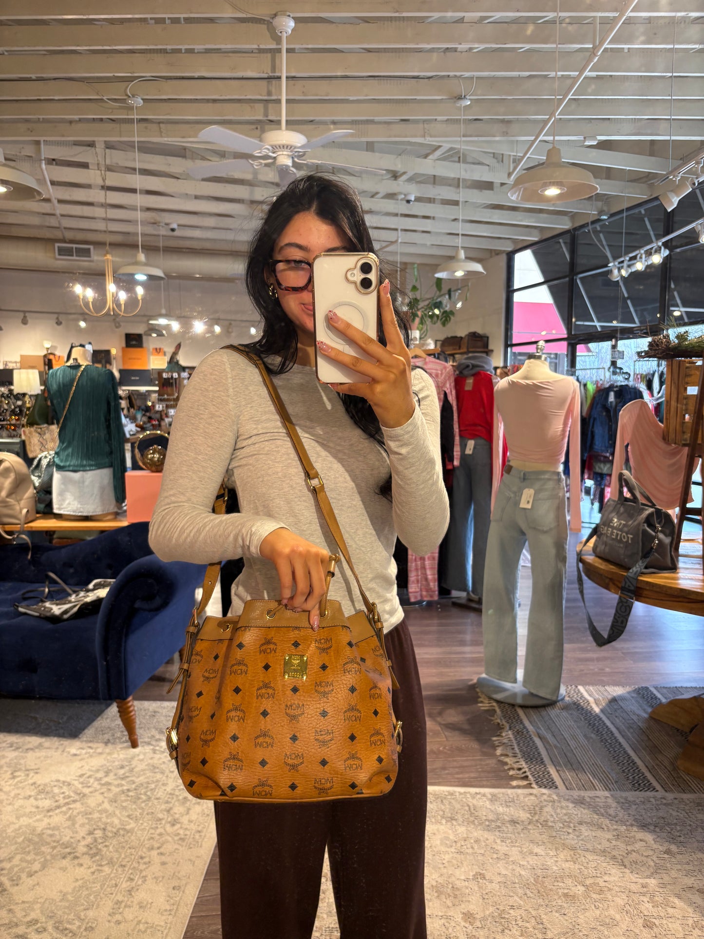 MCM Visetos Essential Drawstring Bucket Bag