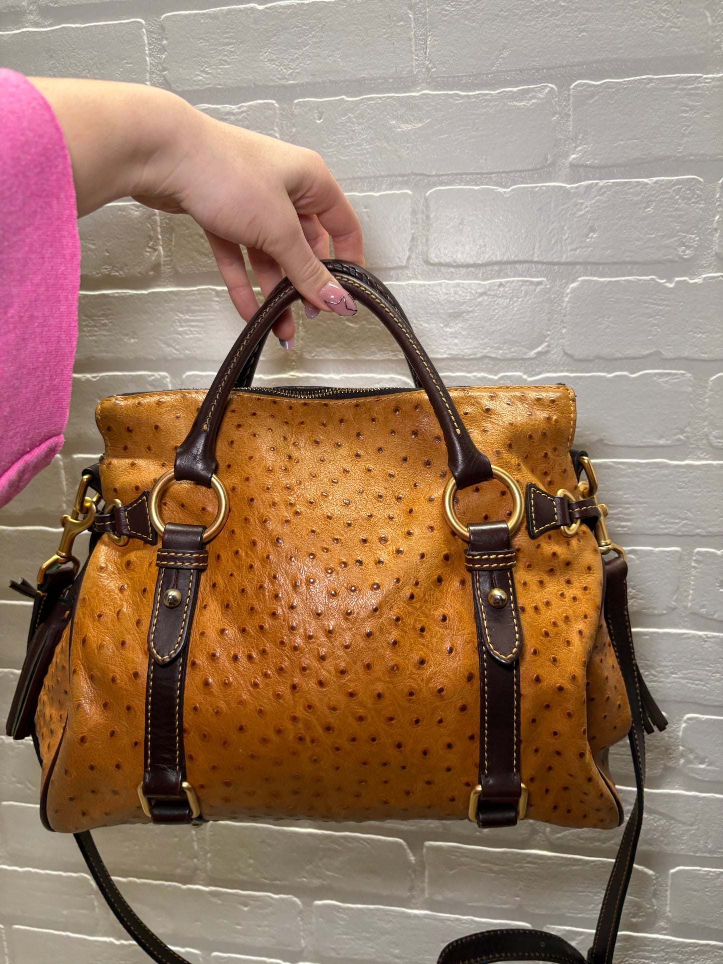 Dooney & Bourke Cognac Ostrich-Embossed Leather Satchel