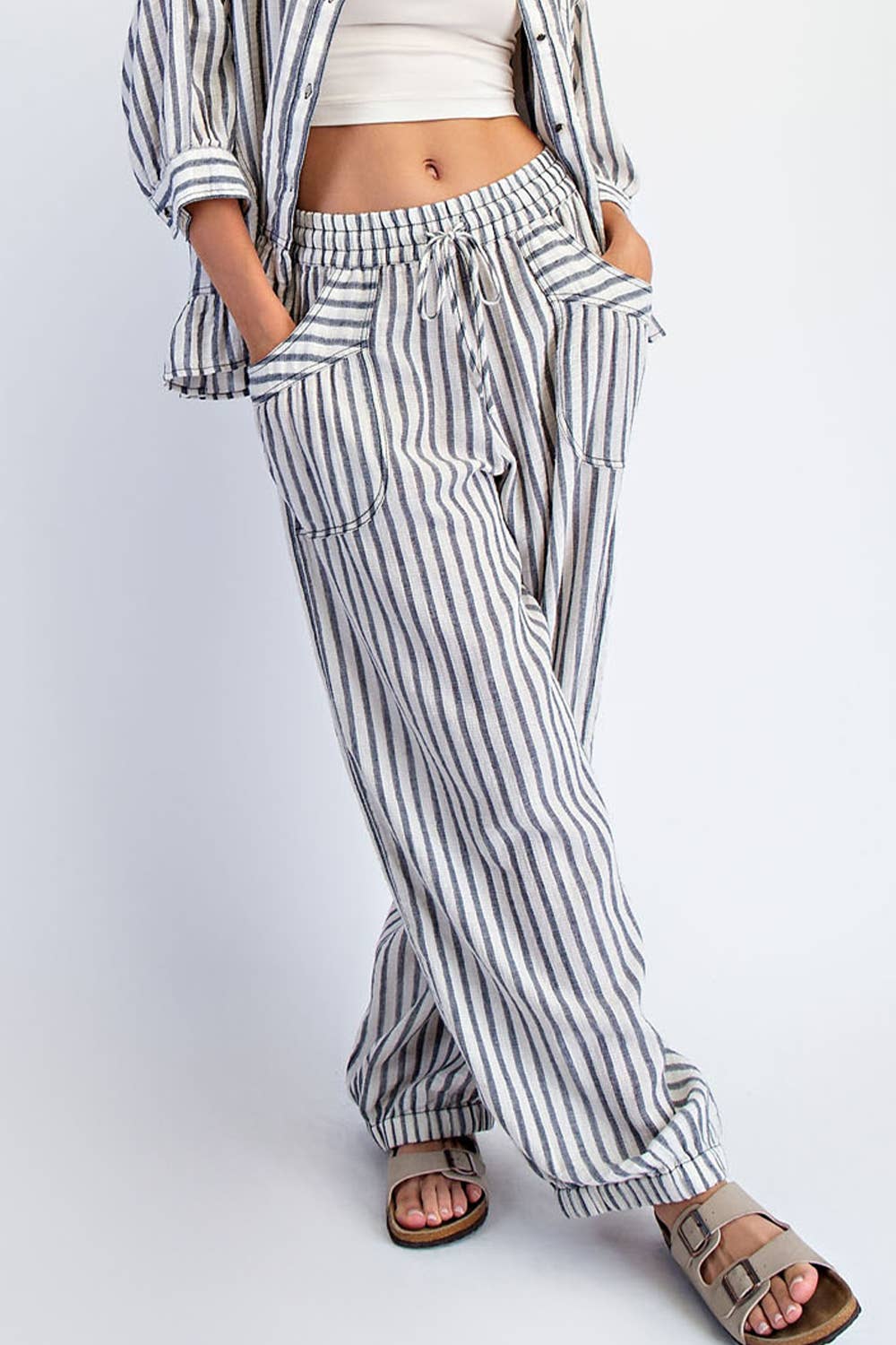 COTIERRA - STRIPE SOFT WASH LINEN BLENDED PANTS: Pink/Natural / S-M-L(2-2-2)
