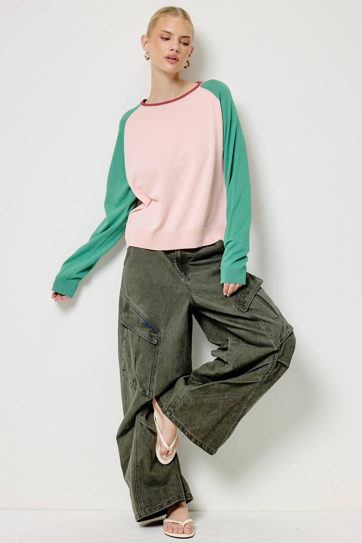 Mimosa - Colorblock Raglan Sleeve Knit Sweater: Lemonade / L
