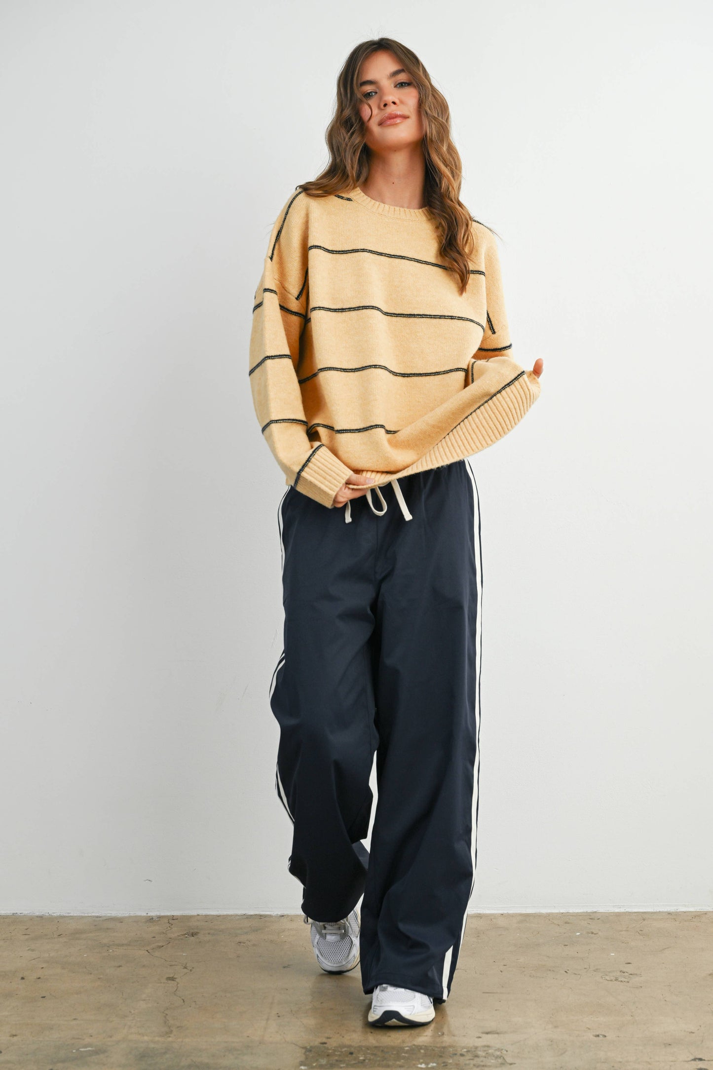 BUTTERMELON - Striped Pattern Drop Shoulder Sweater - BMW7421: MARIGOLD MULTI / M