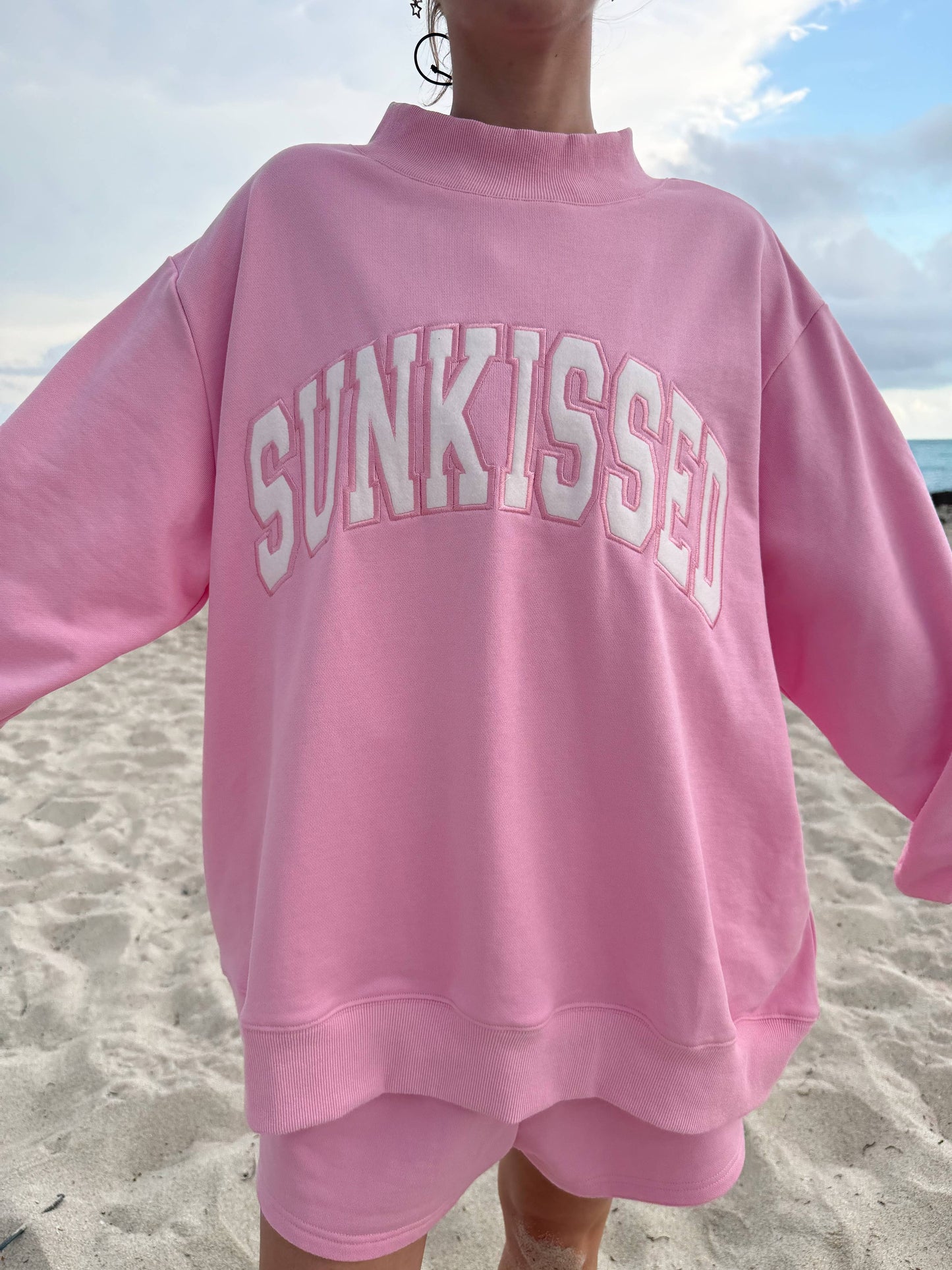 Sunkissed Coconut - Lottie Pink Varsity Sunkissed Embroidered Mockneck Sweatshirt 100% Cotton: Lottie Pink / Medium