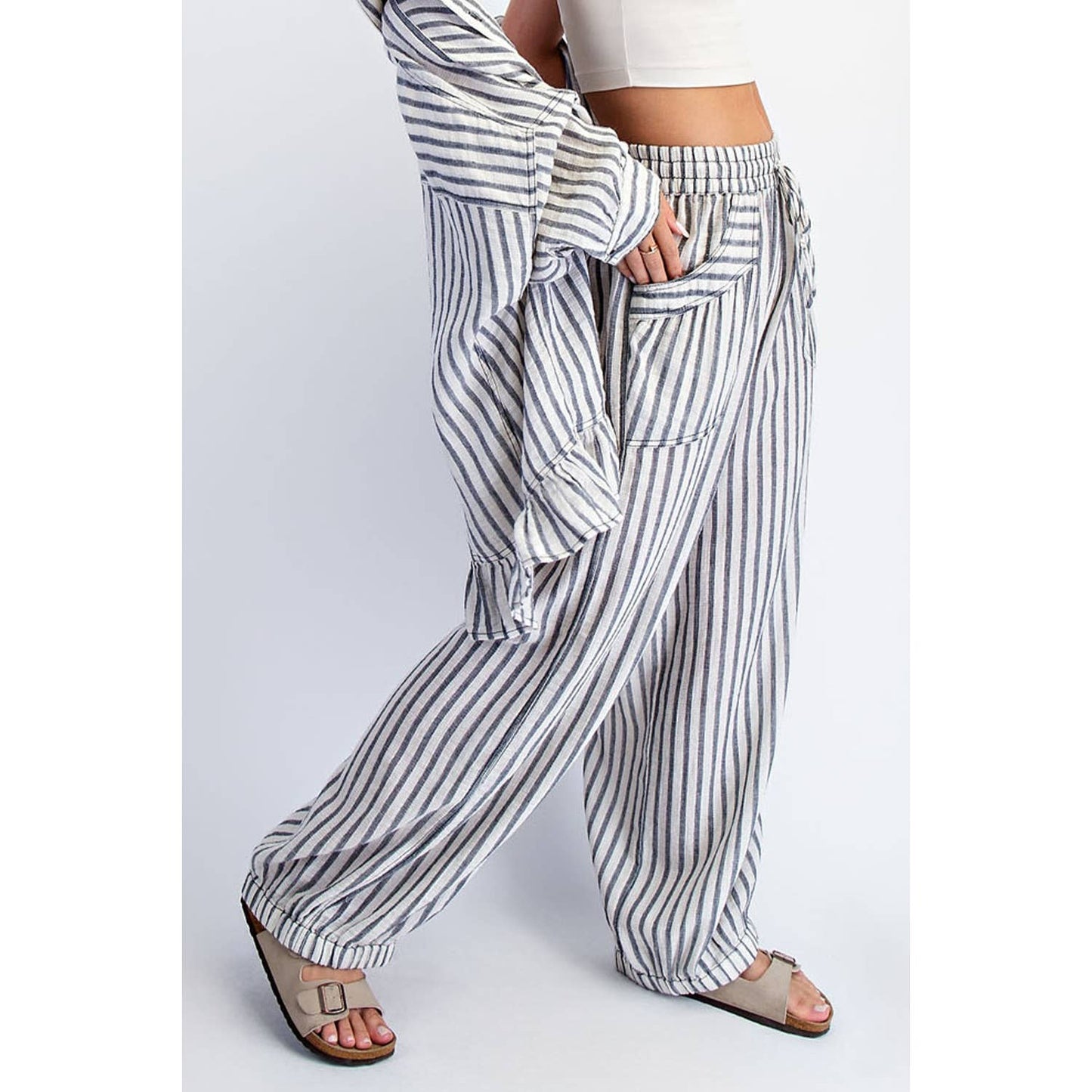 COTIERRA - STRIPE SOFT WASH LINEN BLENDED PANTS: Pink/Natural / S-M-L(2-2-2)