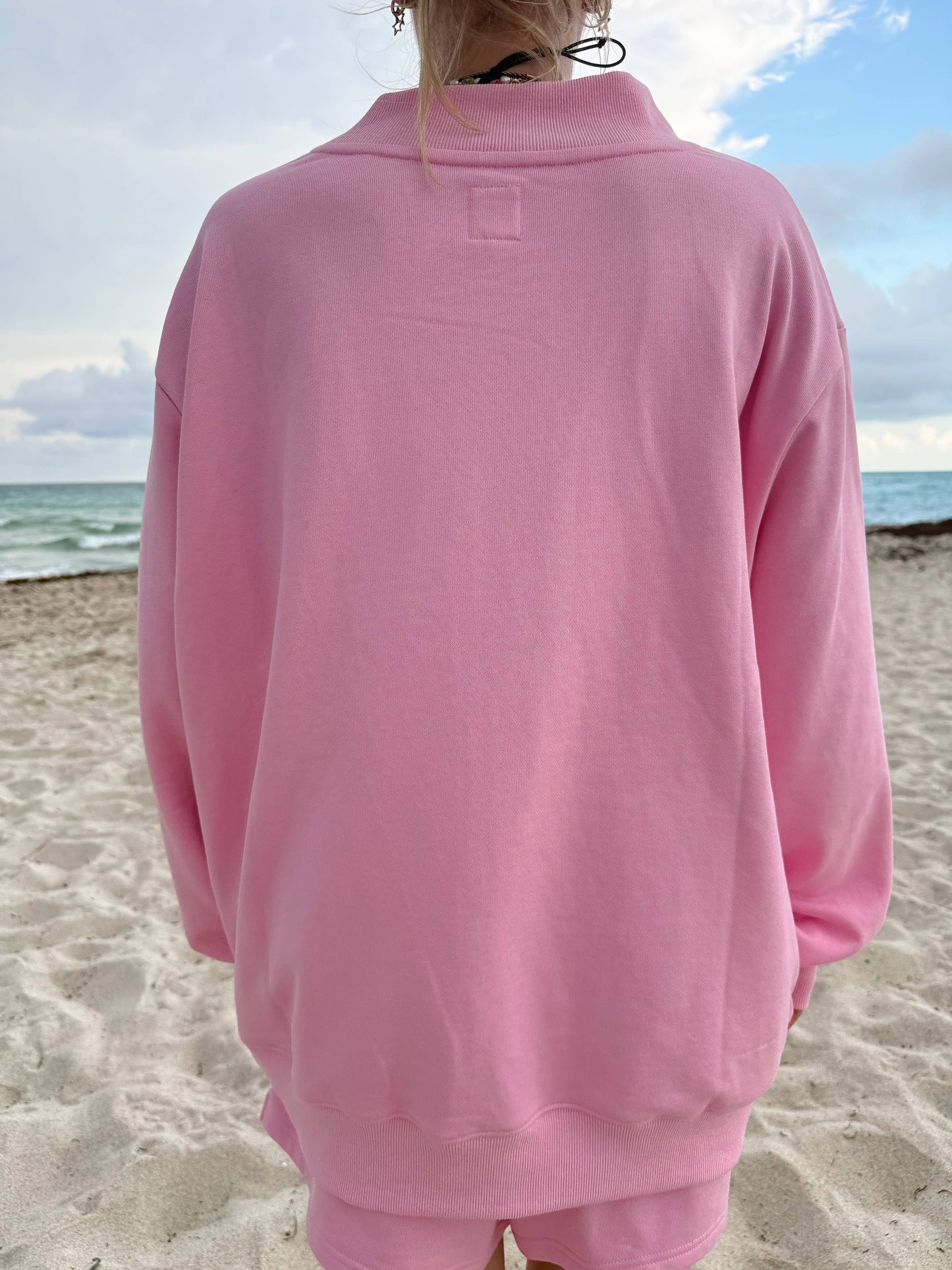 Sunkissed Coconut - Lottie Pink Varsity Sunkissed Embroidered Mockneck Sweatshirt 100% Cotton: Lottie Pink / Large