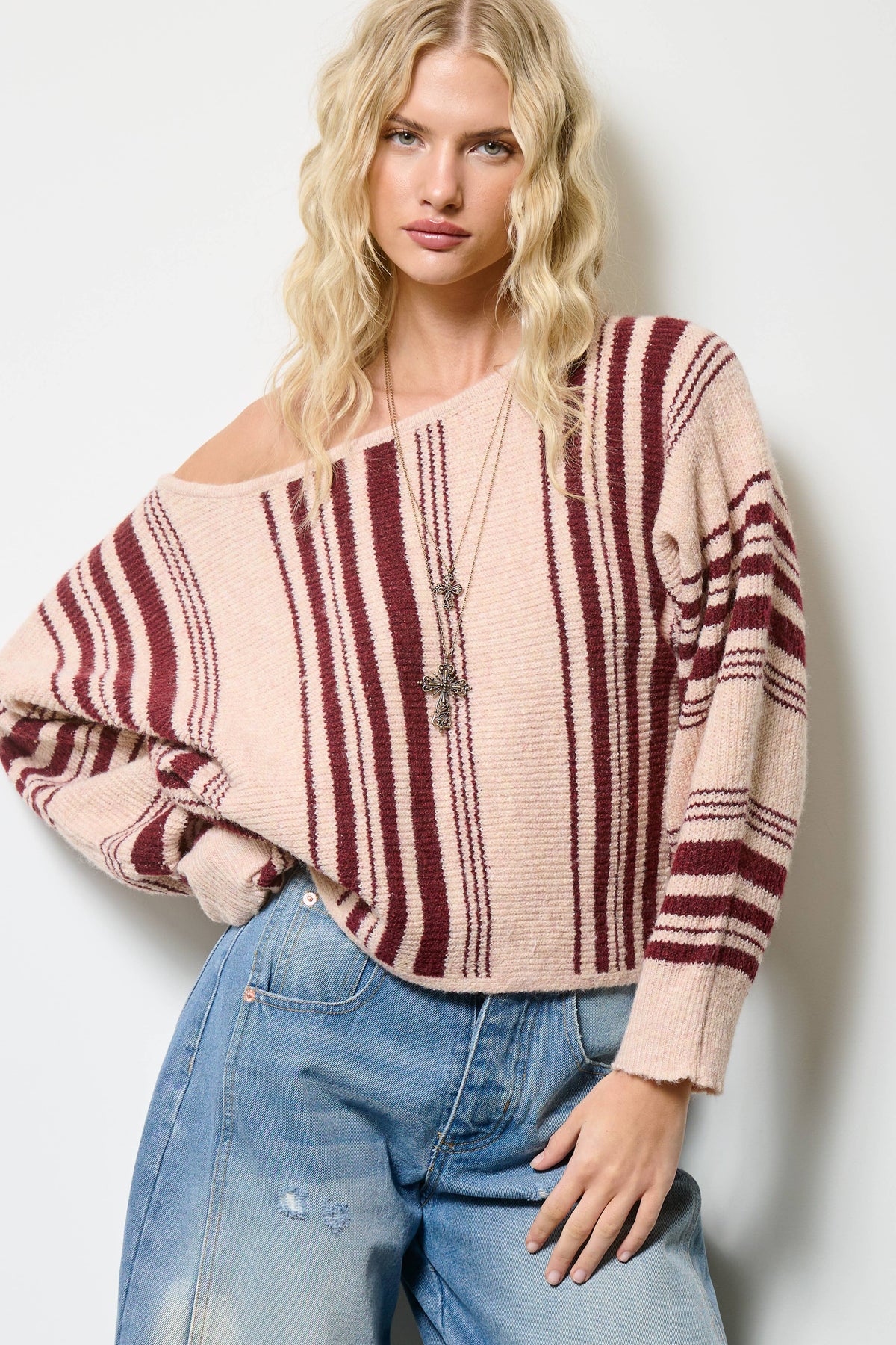 Mimosa - Striped Off Shoulder Knit Sweater: Dijon / S