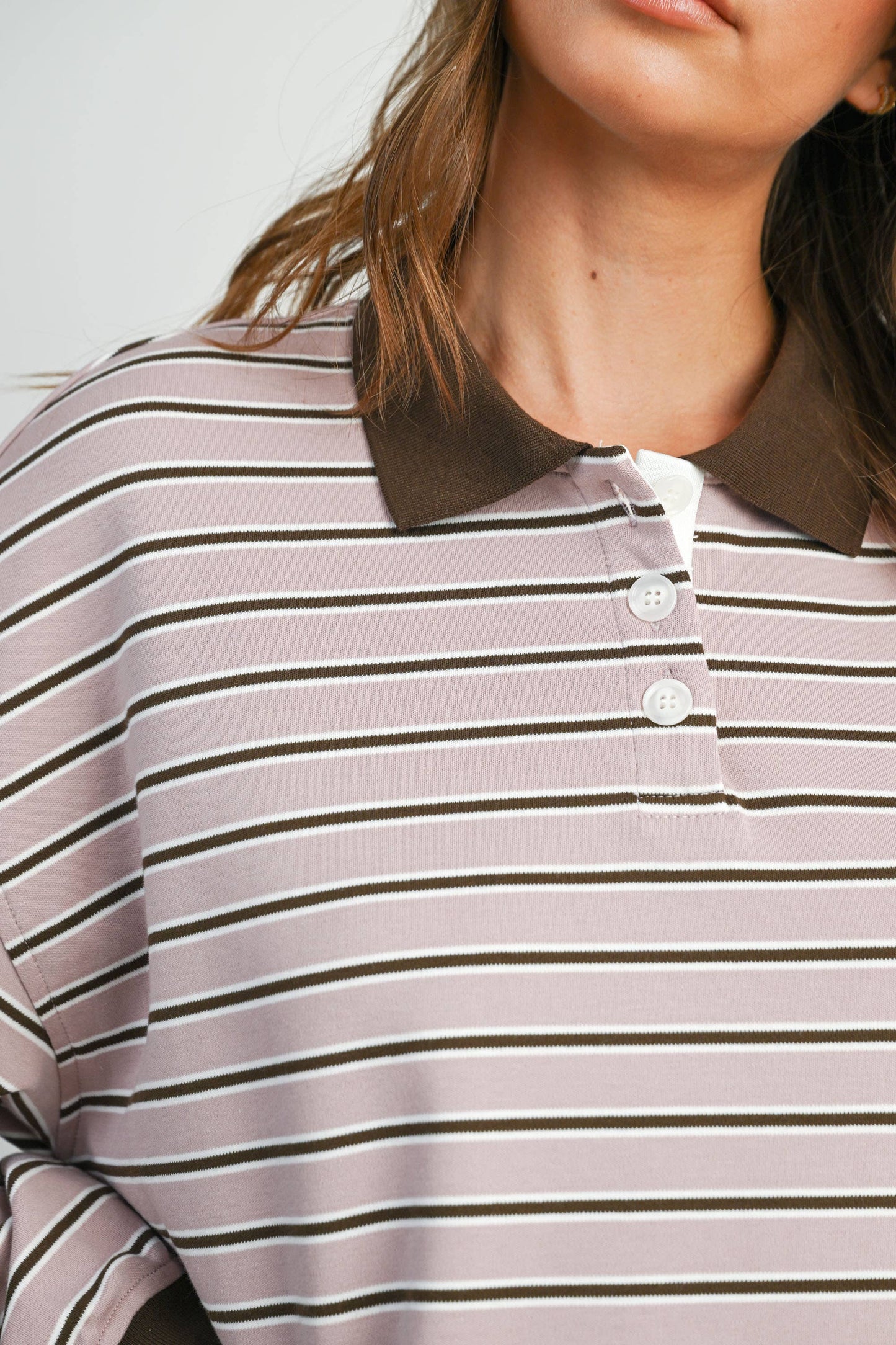 BUTTERMELON - Quarter-Button Striped Collared Long Sleeve Top - BMT7874: IVORY / BLACK / S