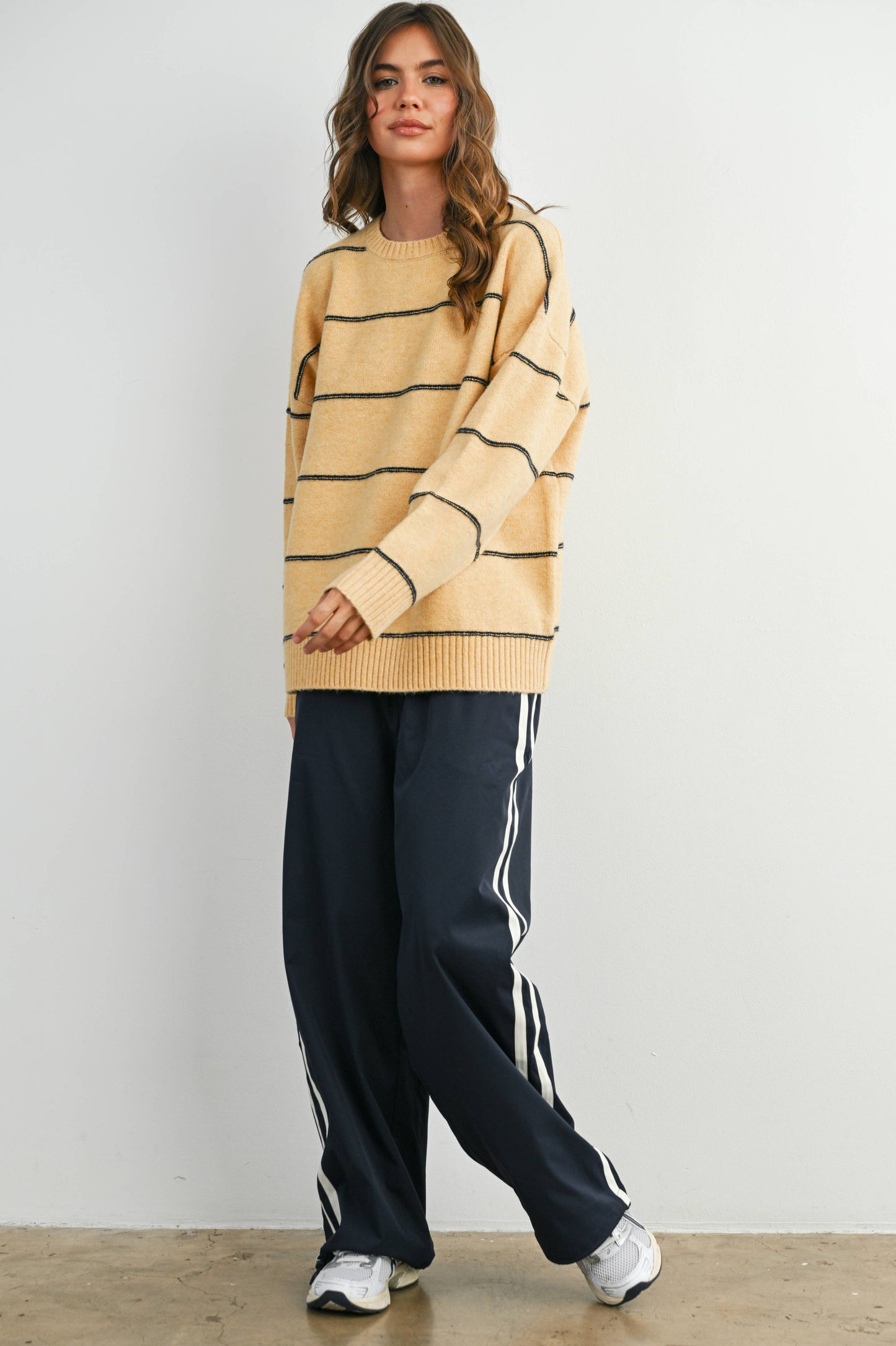 BUTTERMELON - Striped Pattern Drop Shoulder Sweater - BMW7421: MARIGOLD MULTI / L