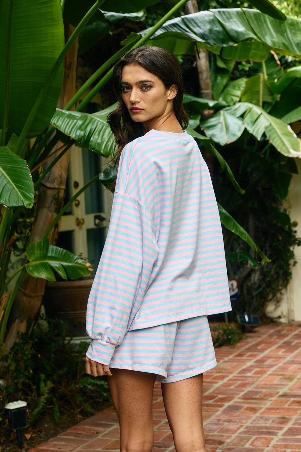 BUCKETLIST INC - IT2819 | Oversized Semi Crop Striped T-shirt Top: GREY/IVORY / S-M-L (2-2-2)