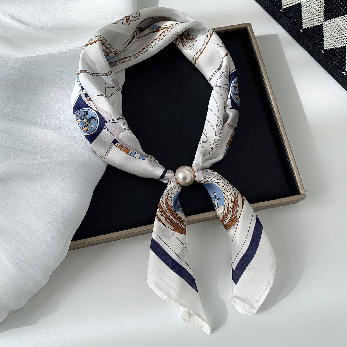 MKS America - Elegant Printed Pearl Magnetic Clasp Scarf: NO-1 / M