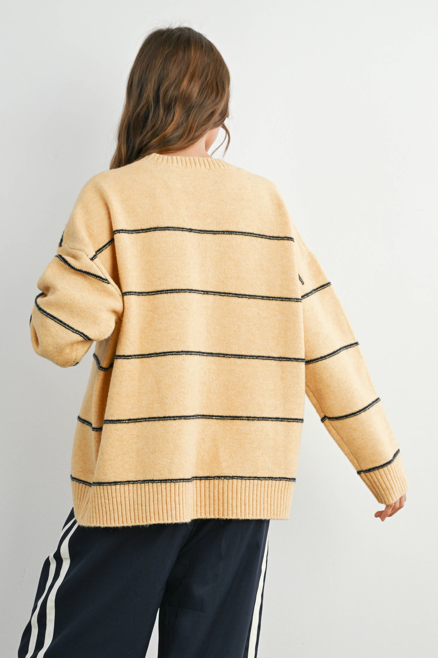 BUTTERMELON - Striped Pattern Drop Shoulder Sweater - BMW7421: MARIGOLD MULTI / L