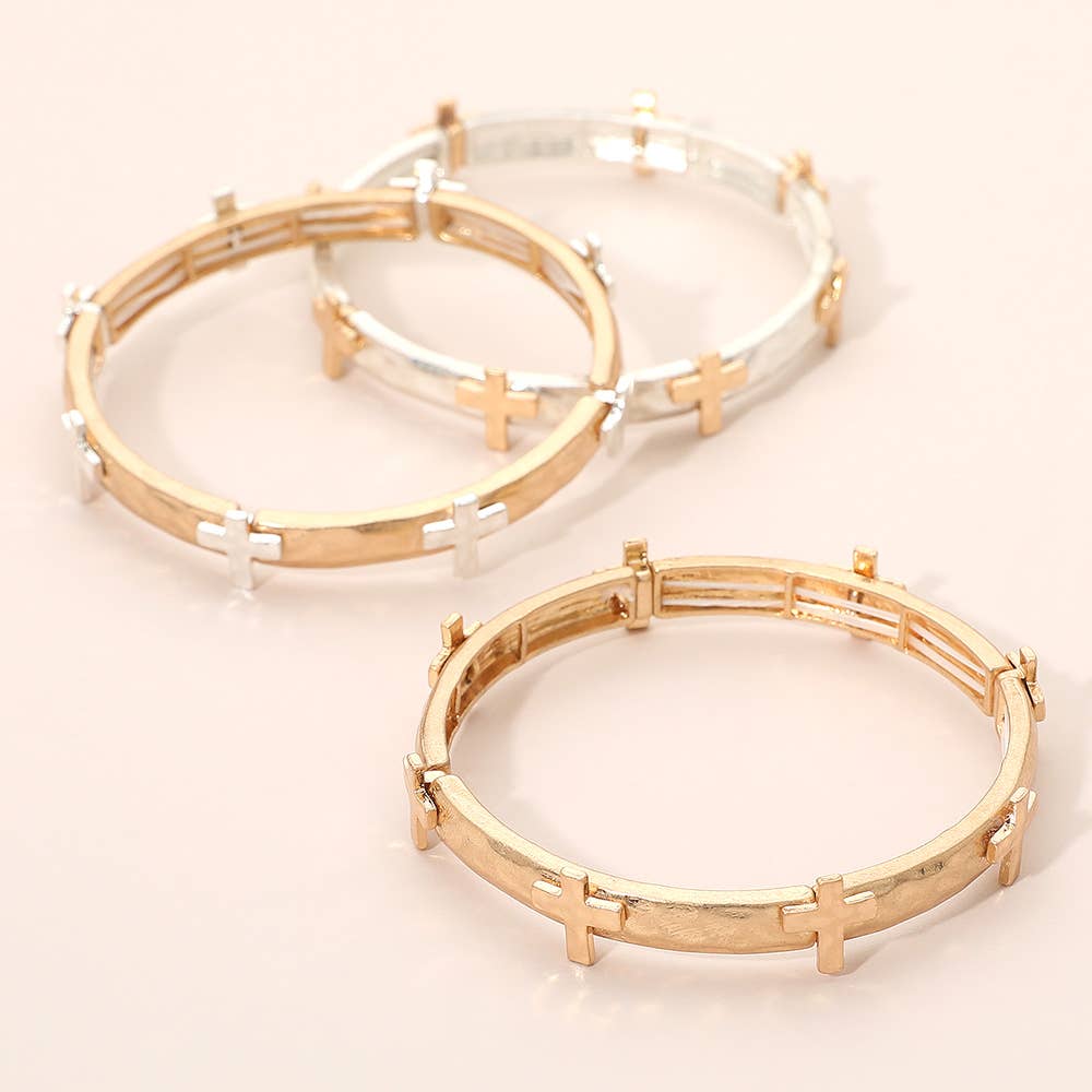 Sensibling Corp. - Hammered Brushed Metal Cross Accent Stretch Bracelet: Worn Gold