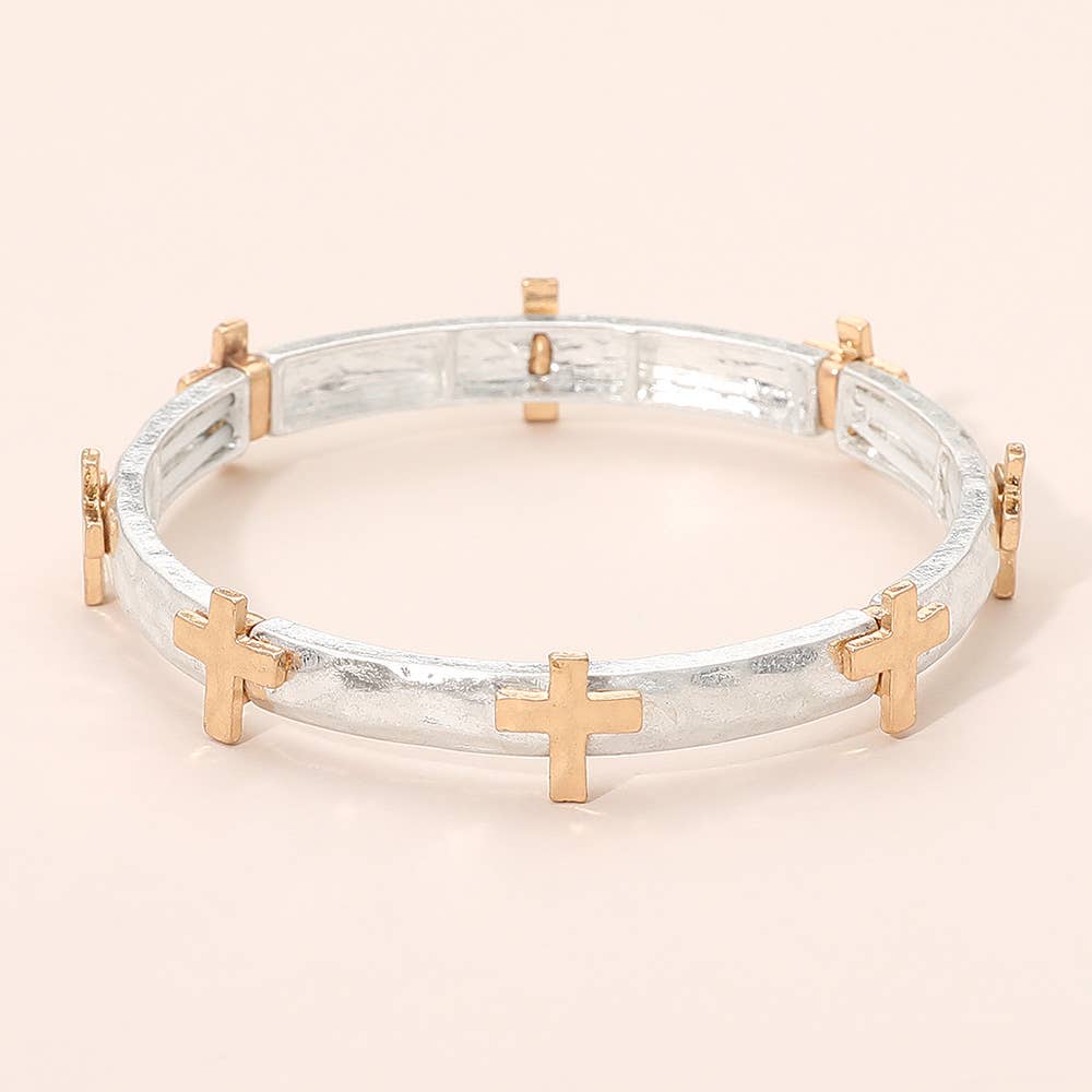 Sensibling Corp. - Hammered Brushed Metal Cross Accent Stretch Bracelet: Worn Gold