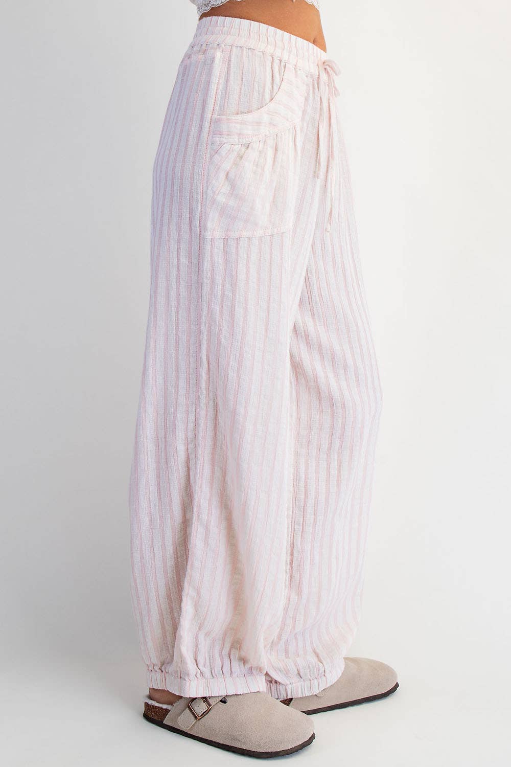 COTIERRA - STRIPE SOFT WASH LINEN BLENDED PANTS: Pink/Natural / S-M-L(2-2-2)