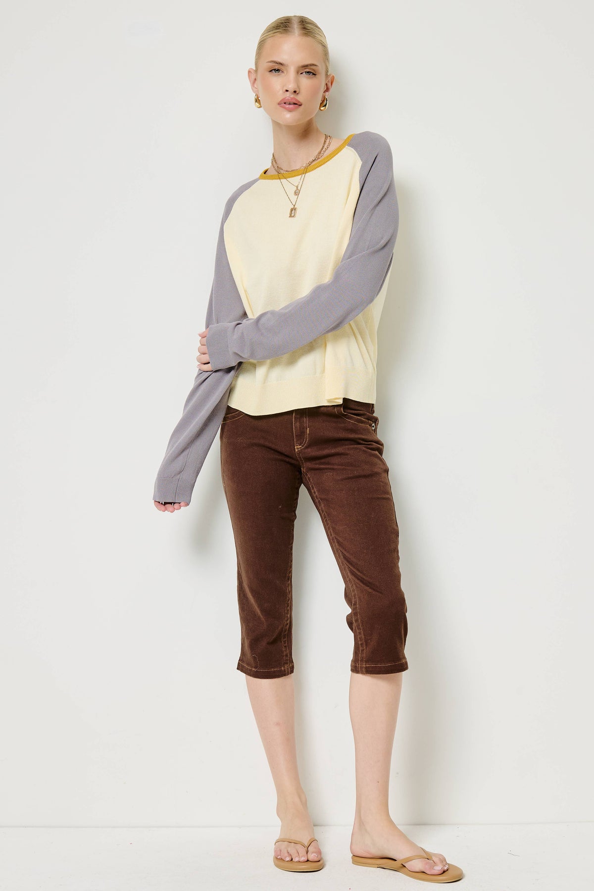 Mimosa - Colorblock Raglan Sleeve Knit Sweater: Lemonade / S