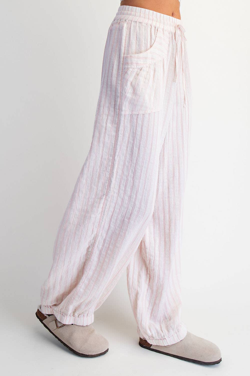 COTIERRA - STRIPE SOFT WASH LINEN BLENDED PANTS: Pink/Natural / S-M-L(2-2-2)