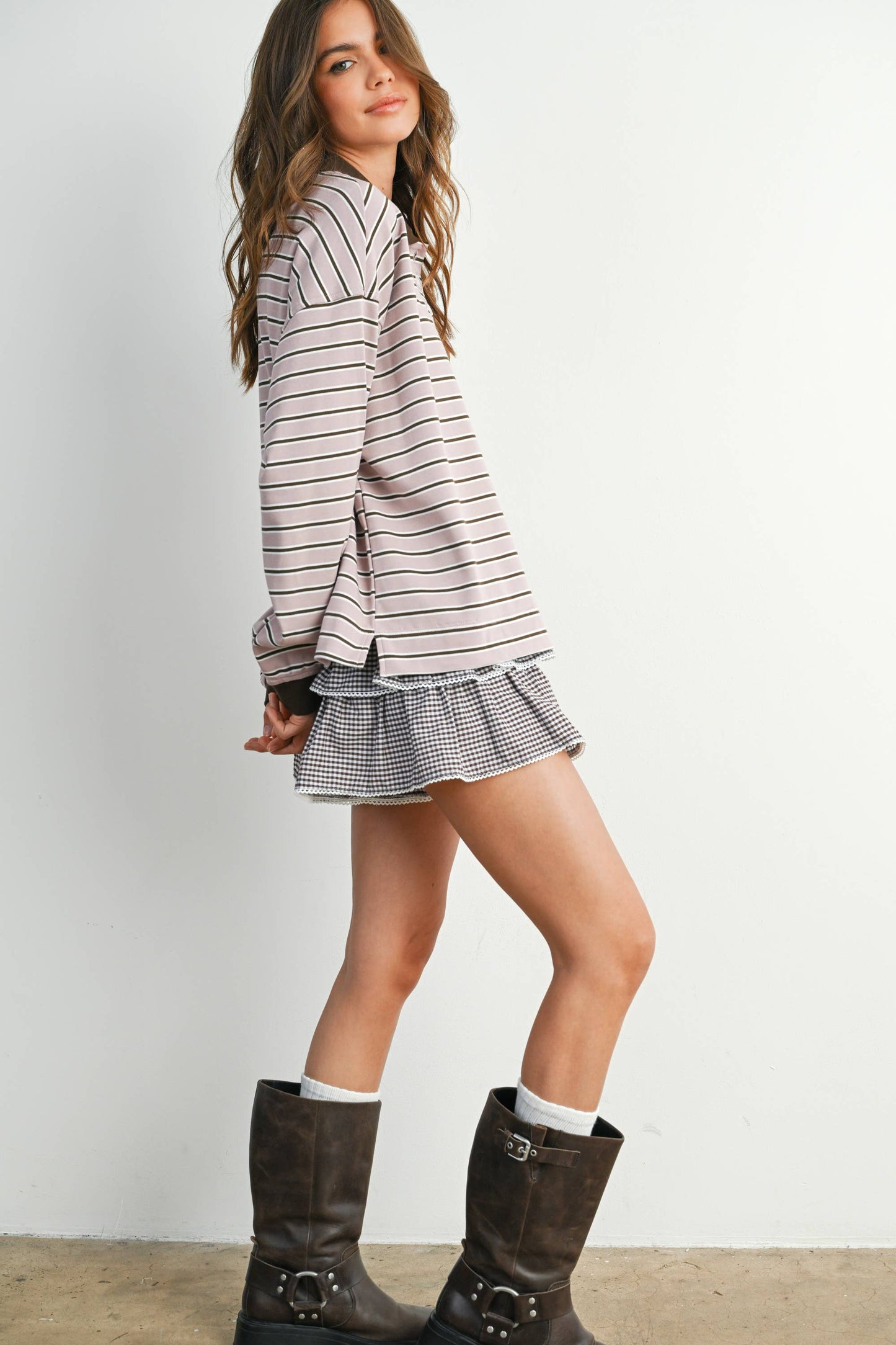 BUTTERMELON - Quarter-Button Striped Collared Long Sleeve Top - BMT7874: IVORY / BLACK / L