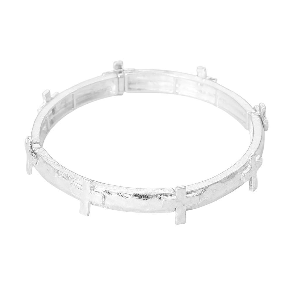 Sensibling Corp. - Hammered Brushed Metal Cross Accent Stretch Bracelet: Worn Gold