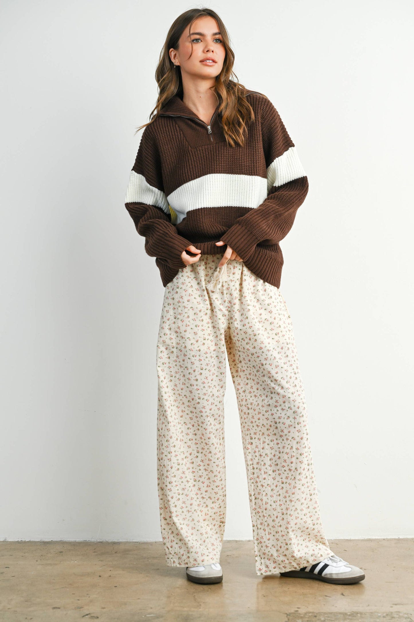 BUTTERMELON - Neck Zip-Front Long Sleeve Top - BMW7891: NAVY / IVORY / S