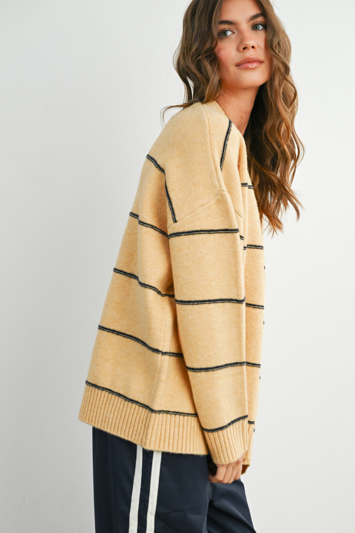 BUTTERMELON - Striped Pattern Drop Shoulder Sweater - BMW7421: MARIGOLD MULTI / S