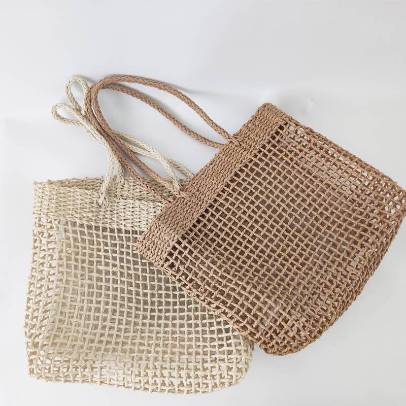 HIDDENBRAND - ECO-friendly Nature Organic Straw tote bag: Camel-lined / M