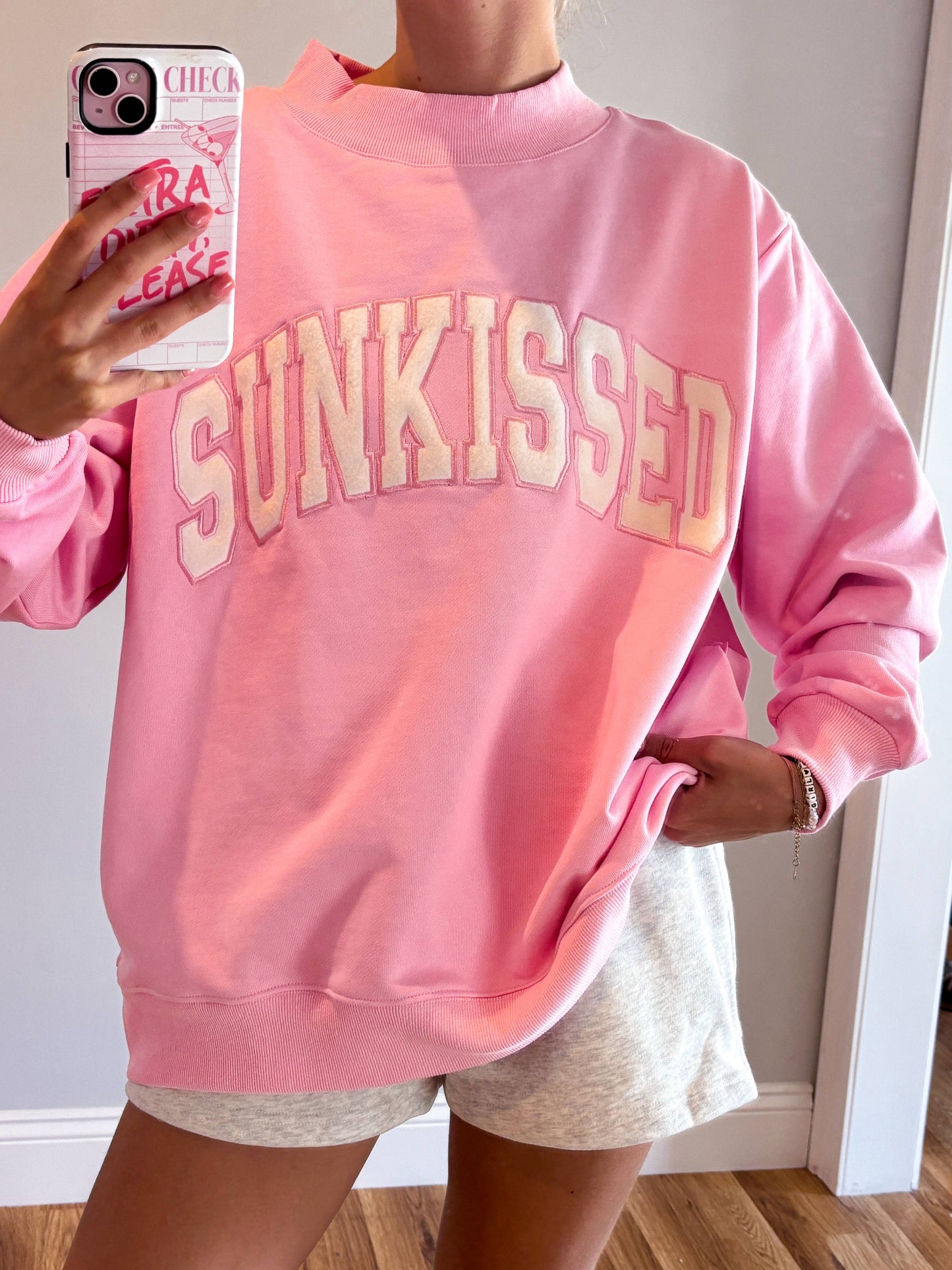 Sunkissed Coconut - Lottie Pink Varsity Sunkissed Embroidered Mockneck Sweatshirt 100% Cotton: Lottie Pink / Small