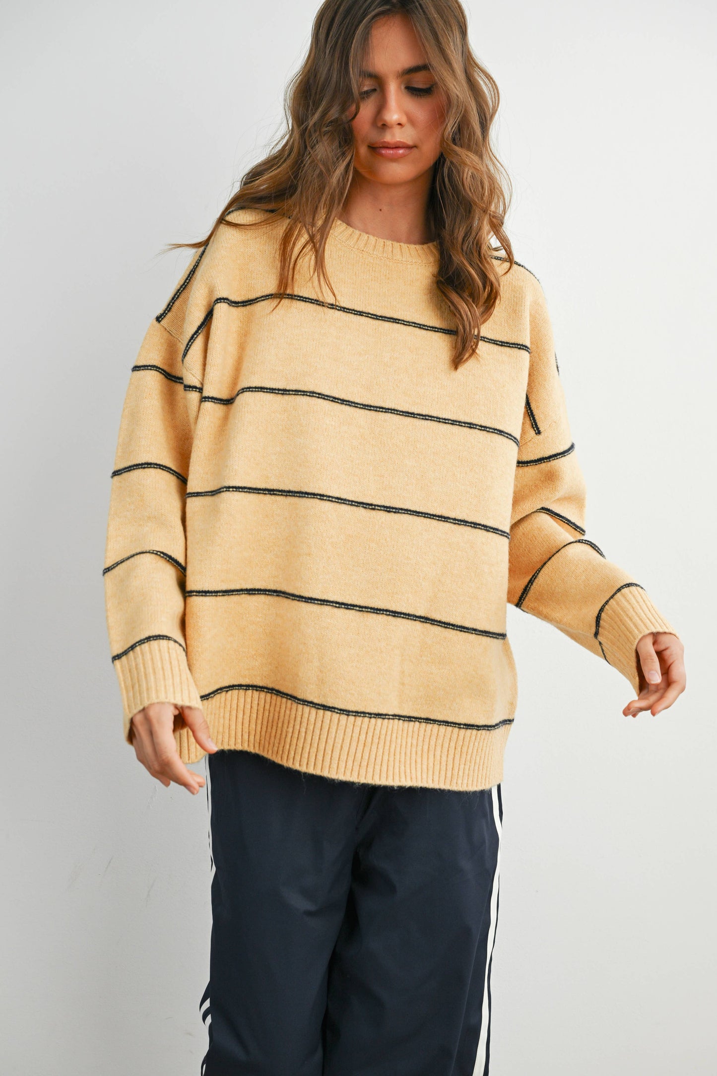 BUTTERMELON - Striped Pattern Drop Shoulder Sweater - BMW7421: MARIGOLD MULTI / S