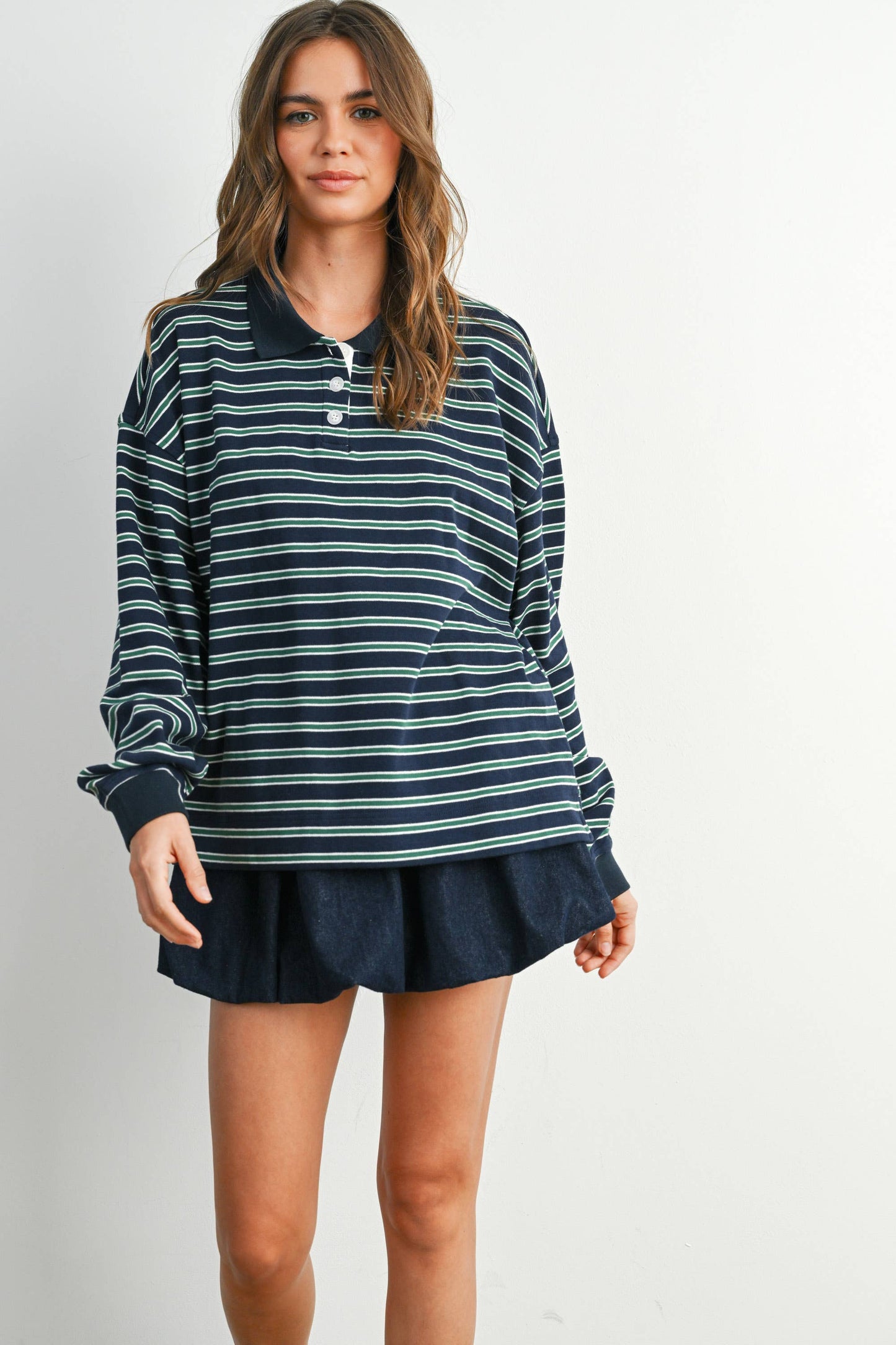 BUTTERMELON - Quarter-Button Striped Collared Long Sleeve Top - BMT7874: IVORY / BLACK / S