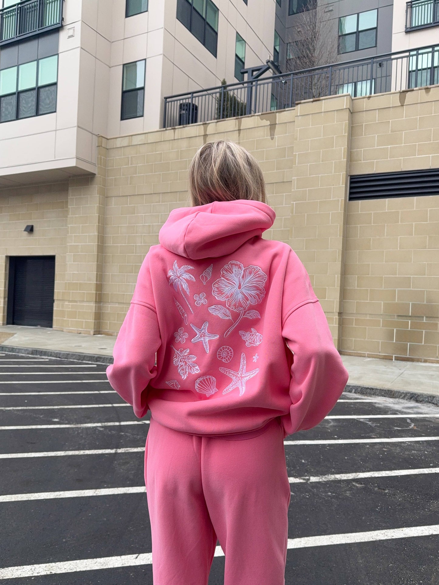 Sunkissed Coconut - Hibiscus Pink Tropical Embroider Hoodie: Hibiscus Pink / XL