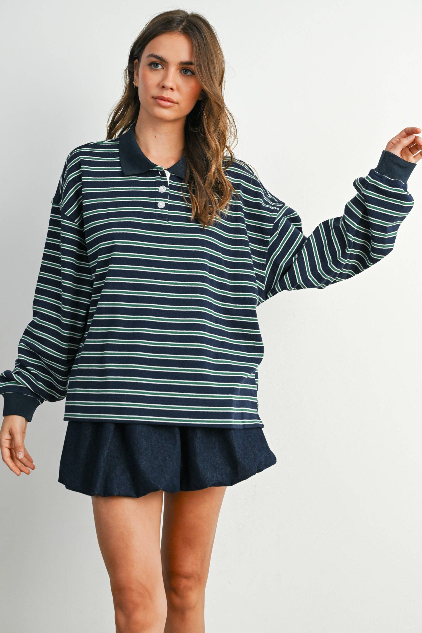 BUTTERMELON - Quarter-Button Striped Collared Long Sleeve Top - BMT7874: IVORY / BLACK / S