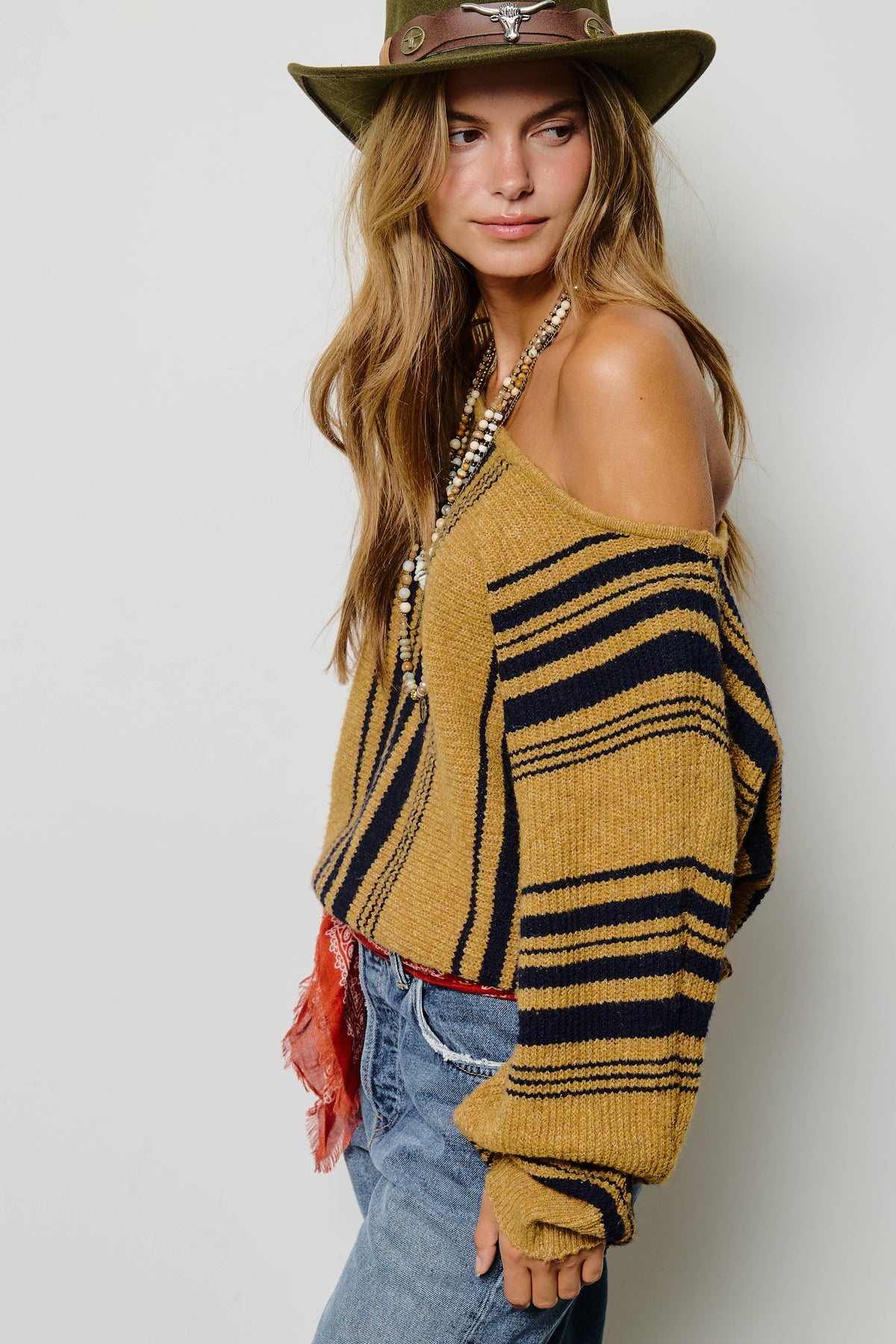 Mimosa - Striped Off Shoulder Knit Sweater: Dijon / S