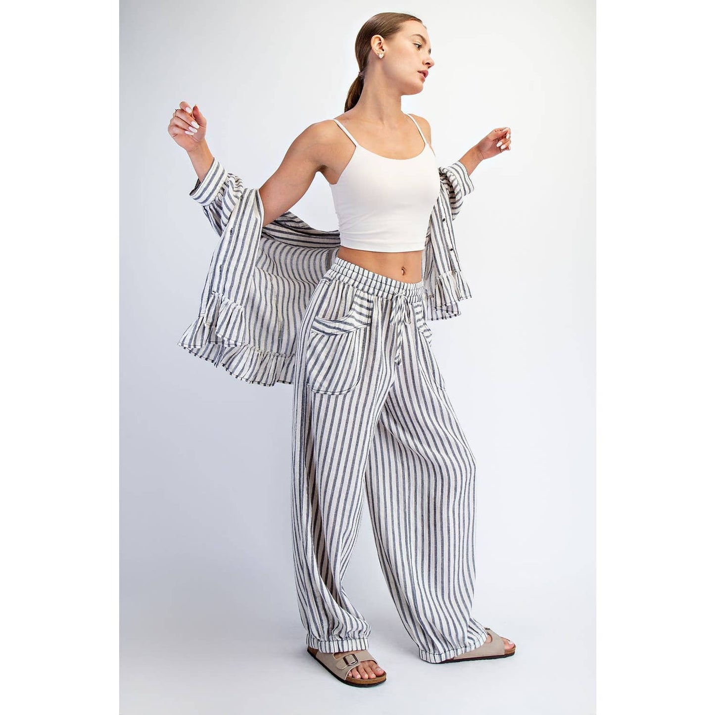 COTIERRA - STRIPE SOFT WASH LINEN BLENDED PANTS: Pink/Natural / S-M-L(2-2-2)