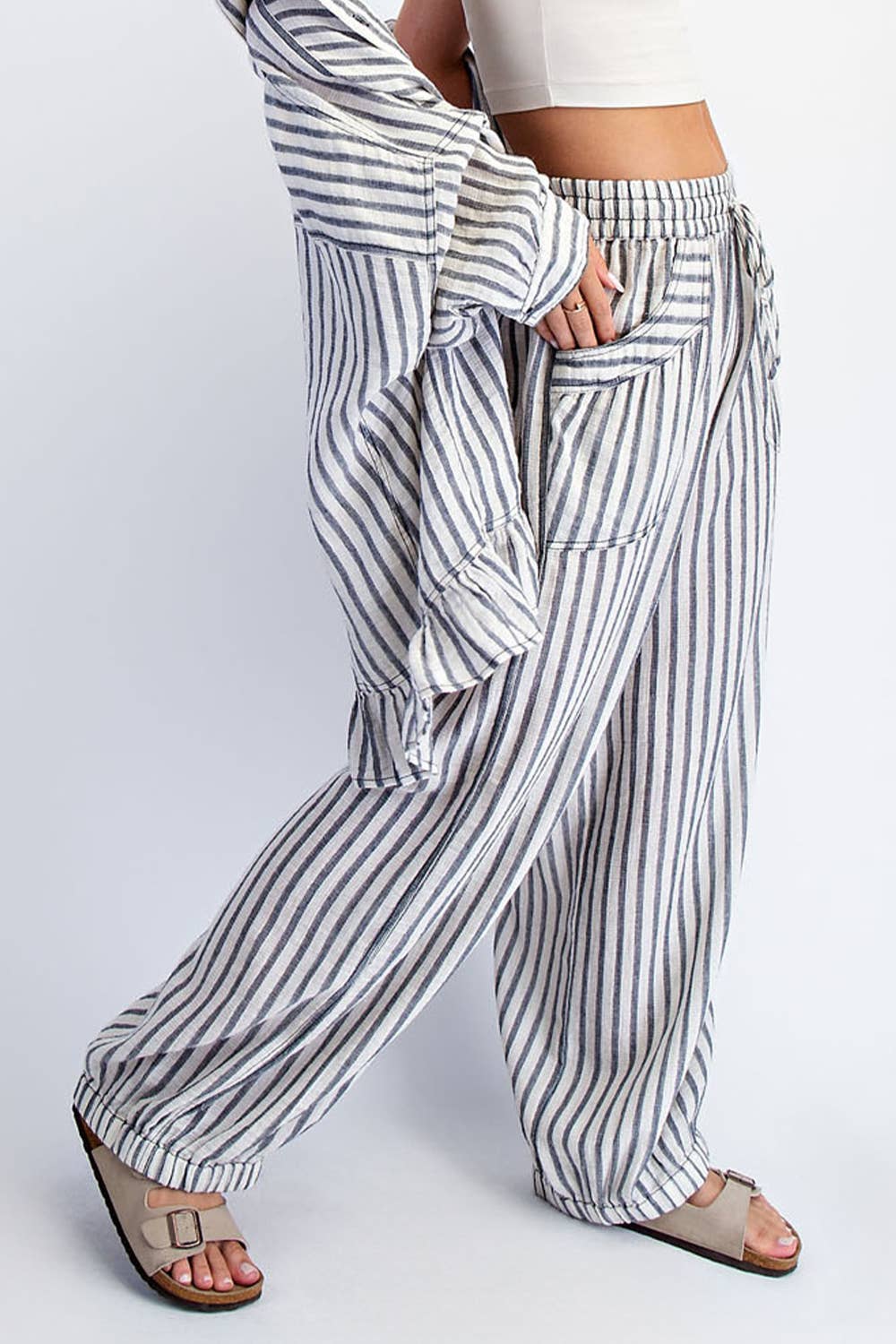 COTIERRA - STRIPE SOFT WASH LINEN BLENDED PANTS: Pink/Natural / S-M-L(2-2-2)
