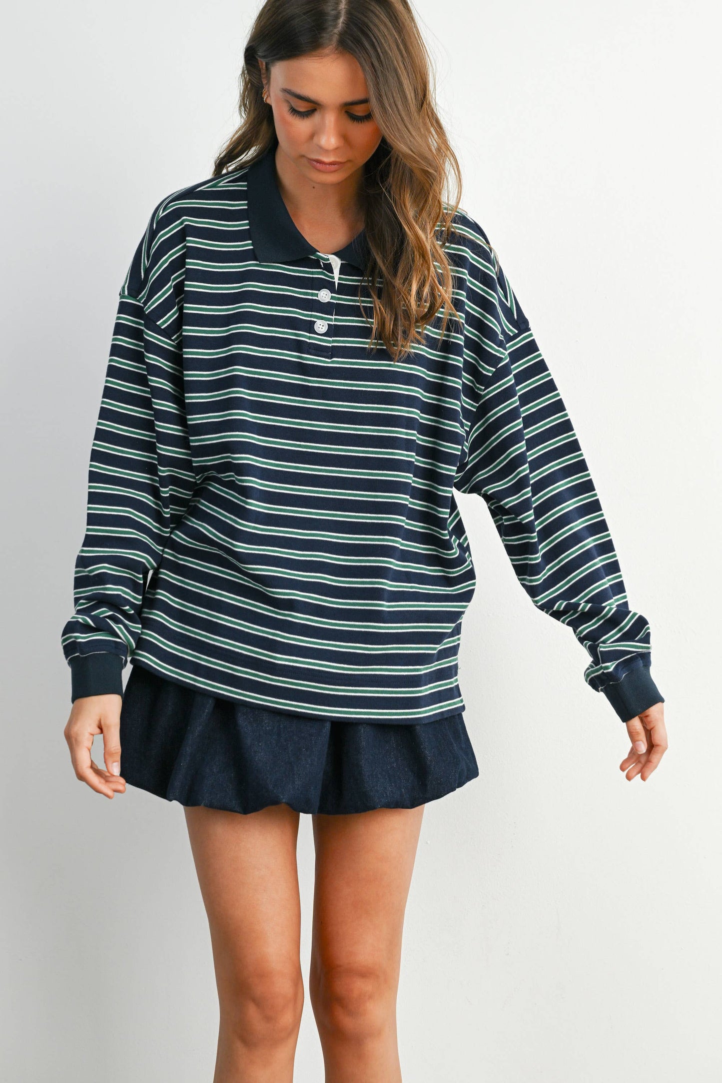BUTTERMELON - Quarter-Button Striped Collared Long Sleeve Top - BMT7874: IVORY / BLACK / S