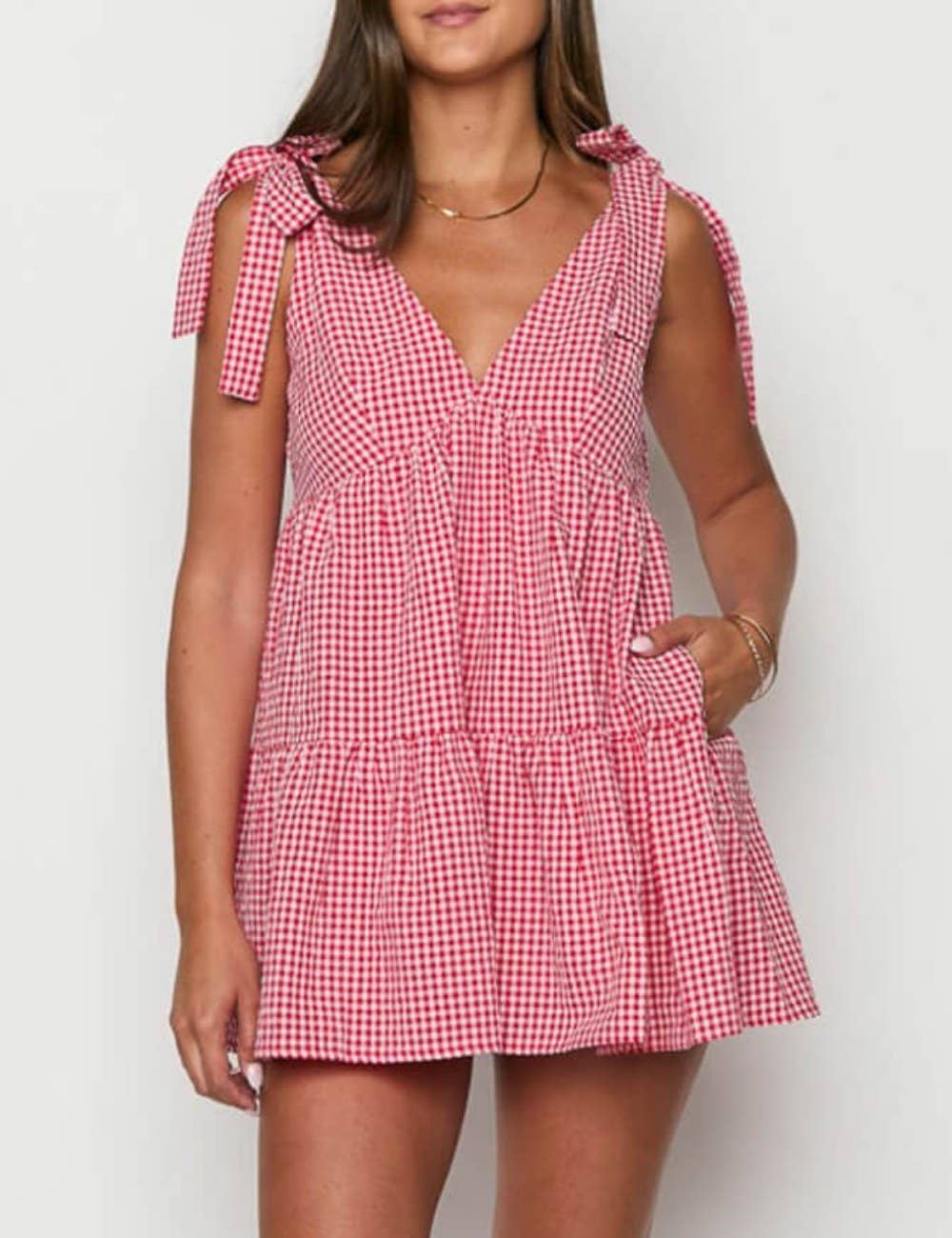 Dipped Shop - Casual Plaid Tie-Strap V-Neck Mini Dress DP25D577: Black / M