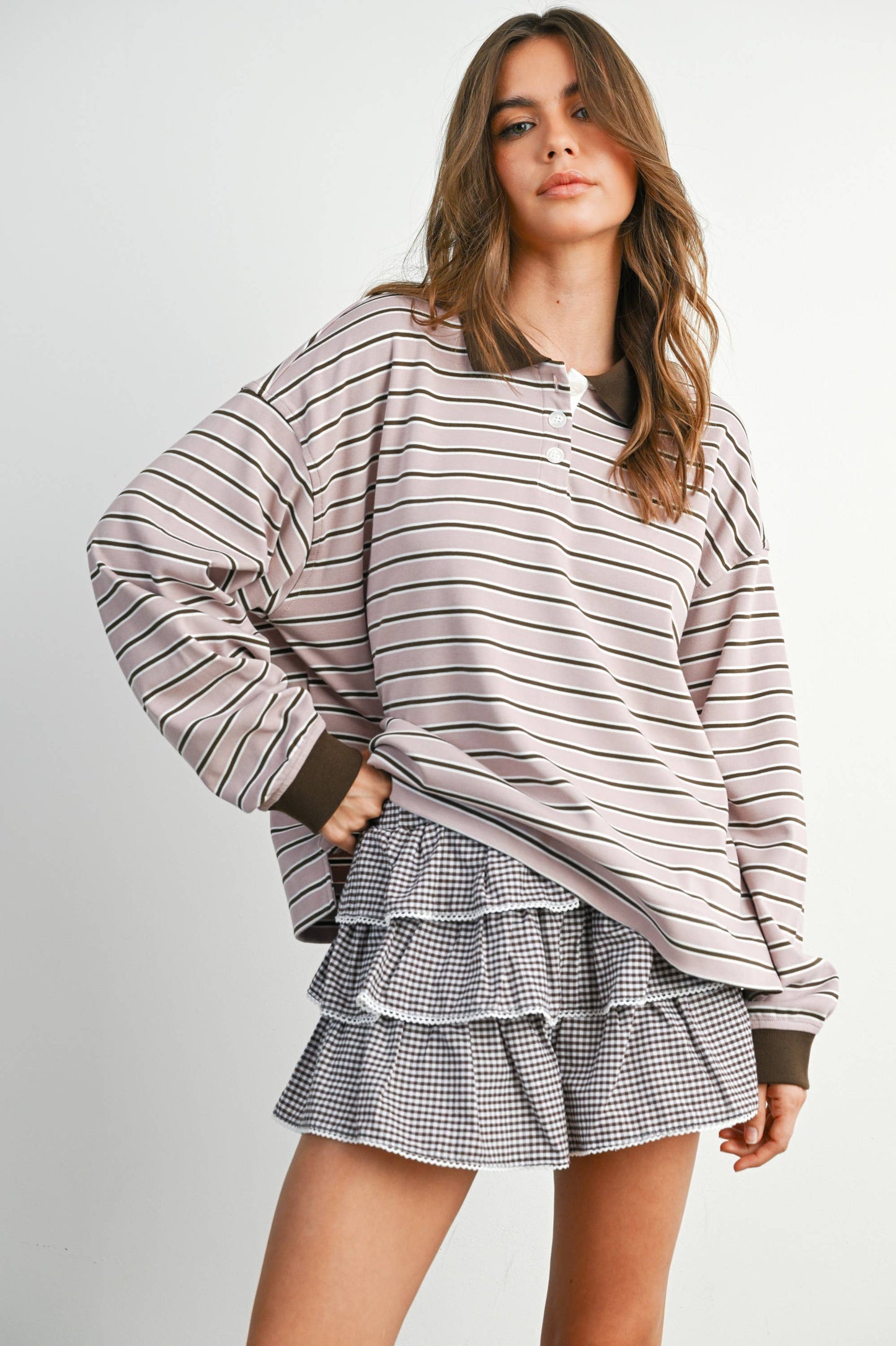 BUTTERMELON - Quarter-Button Striped Collared Long Sleeve Top - BMT7874: IVORY / BLACK / S