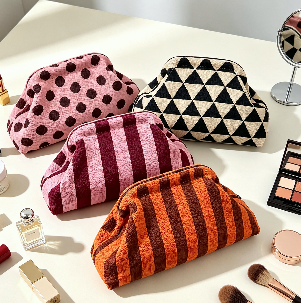 MKS America - Stripe Knit Cosmetic Bag Geo Pattern Storage Clutch: JBlack / M