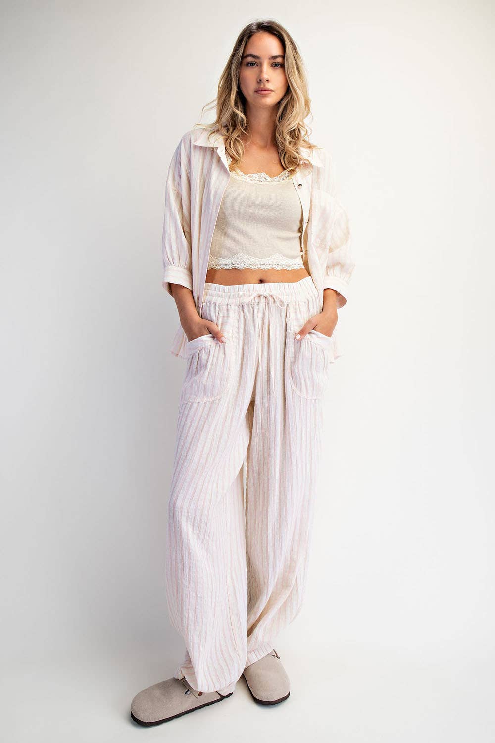 COTIERRA - STRIPE SOFT WASH LINEN BLENDED PANTS: Pink/Natural / S-M-L(2-2-2)