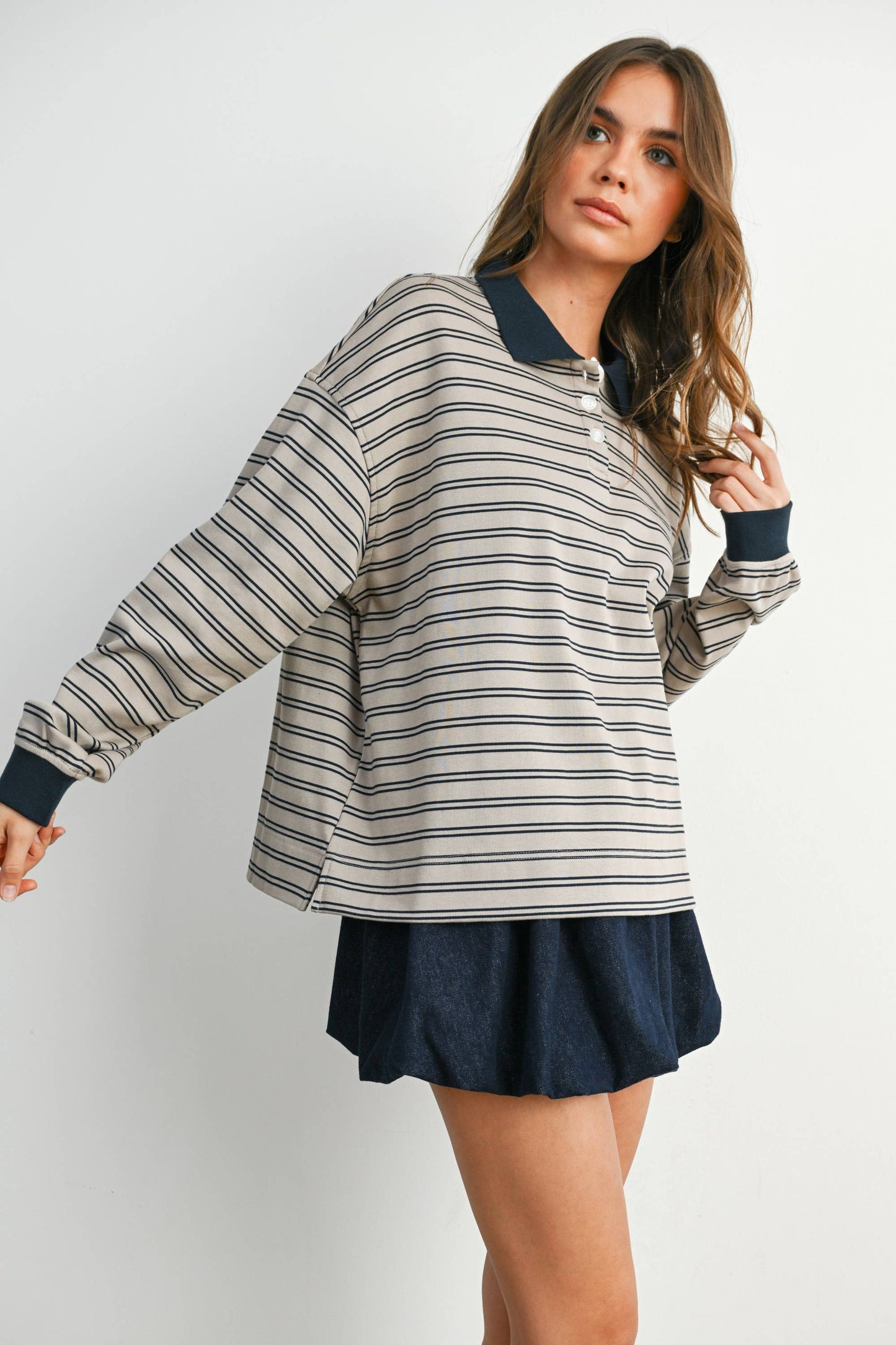 BUTTERMELON - Quarter-Button Striped Collared Long Sleeve Top - BMT7874: IVORY / BLACK / S
