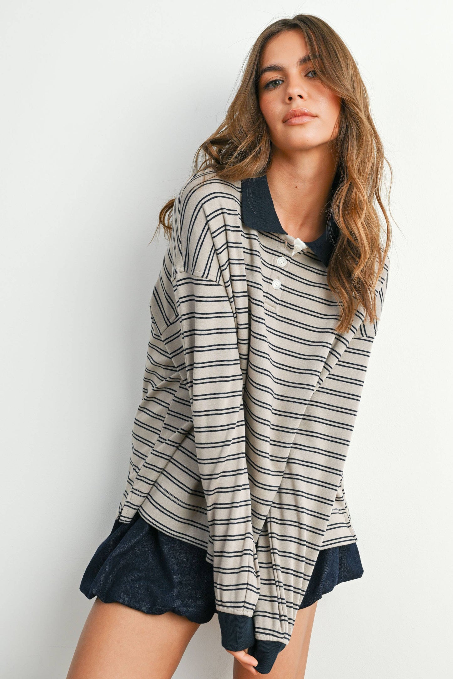 BUTTERMELON - Quarter-Button Striped Collared Long Sleeve Top - BMT7874: IVORY / BLACK / S