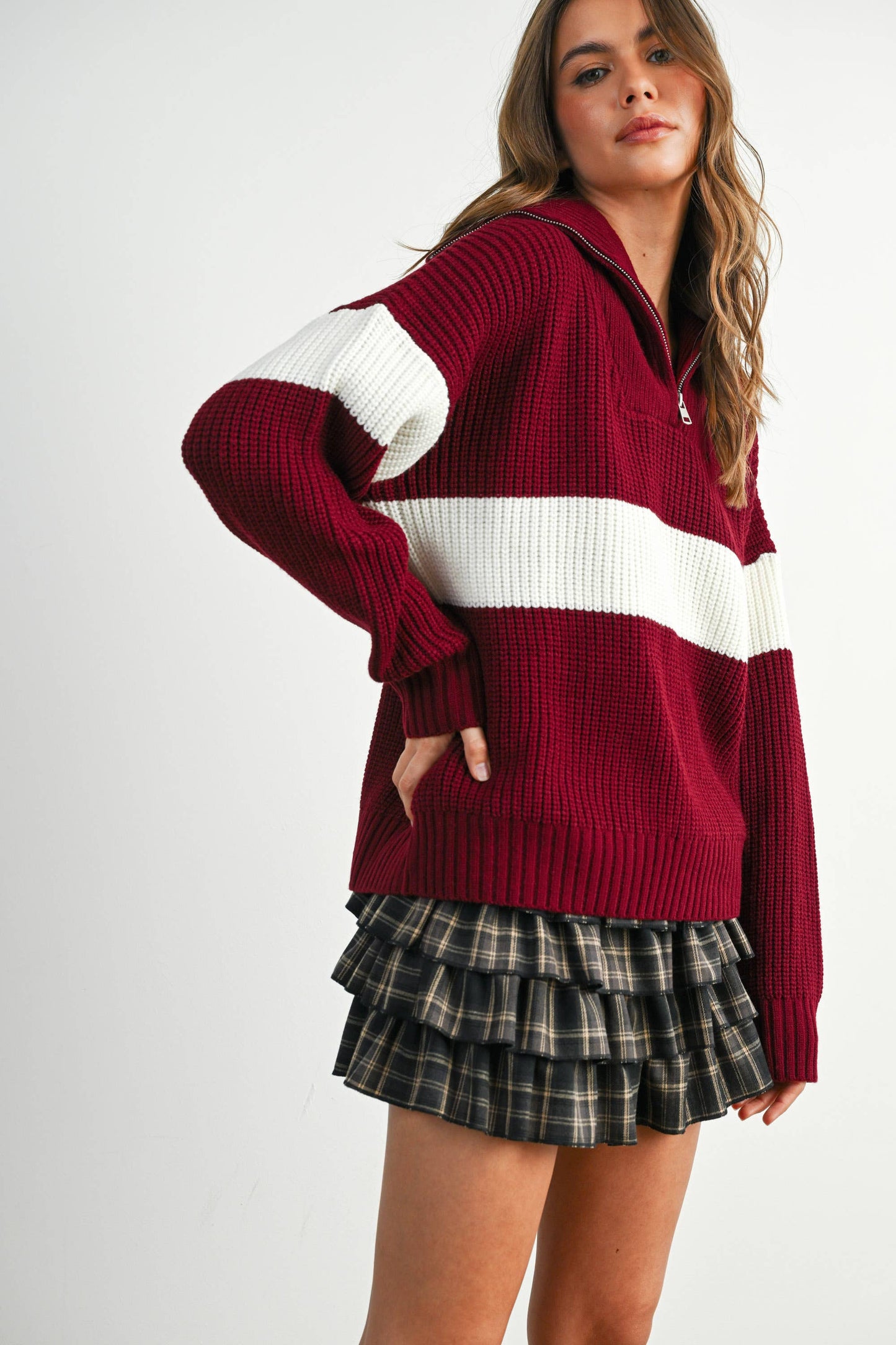 BUTTERMELON - Neck Zip-Front Long Sleeve Top - BMW7891: NAVY / IVORY / S