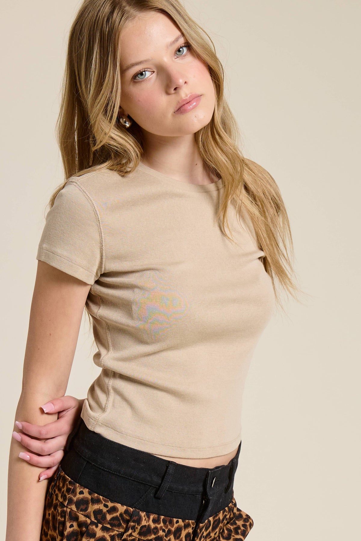 Mimosa - Basic Short Sleeve Baby Tee Knit Top: Charcoal / M