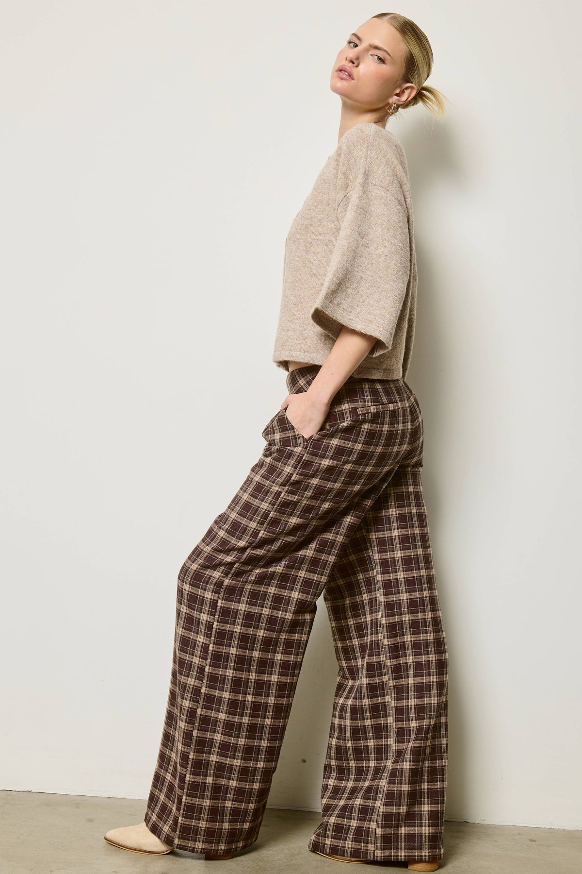 Mimosa - Plaid Pleated Wide Leg Trousers: Brown / L