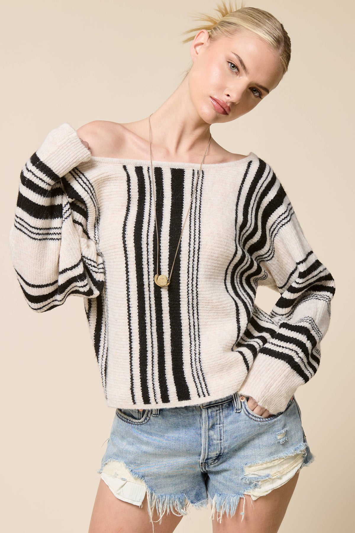 Mimosa - Striped Off Shoulder Knit Sweater: Dijon / L