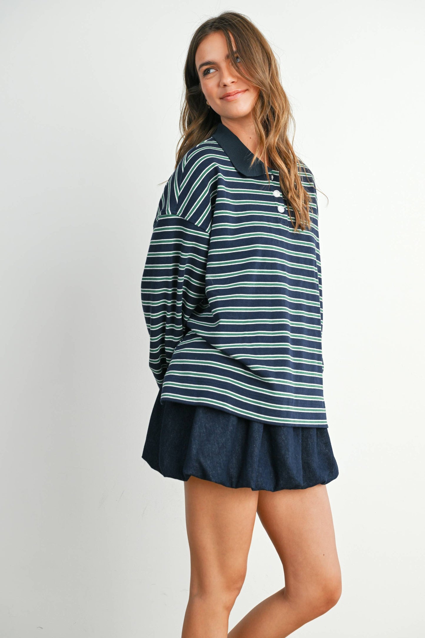 BUTTERMELON - Quarter-Button Striped Collared Long Sleeve Top - BMT7874: IVORY / BLACK / S